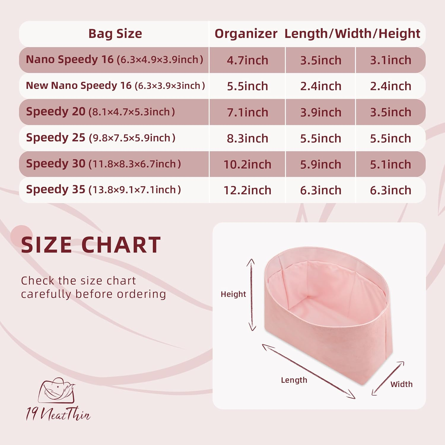 19 Neatthin Tote Bag Organiser, Waterproof Dupontpaper Surface and Silky Satin Lining, Lightweight Purse Insert Compatible with LV Speedy 20 (Speedy 20, Pink) image number 4