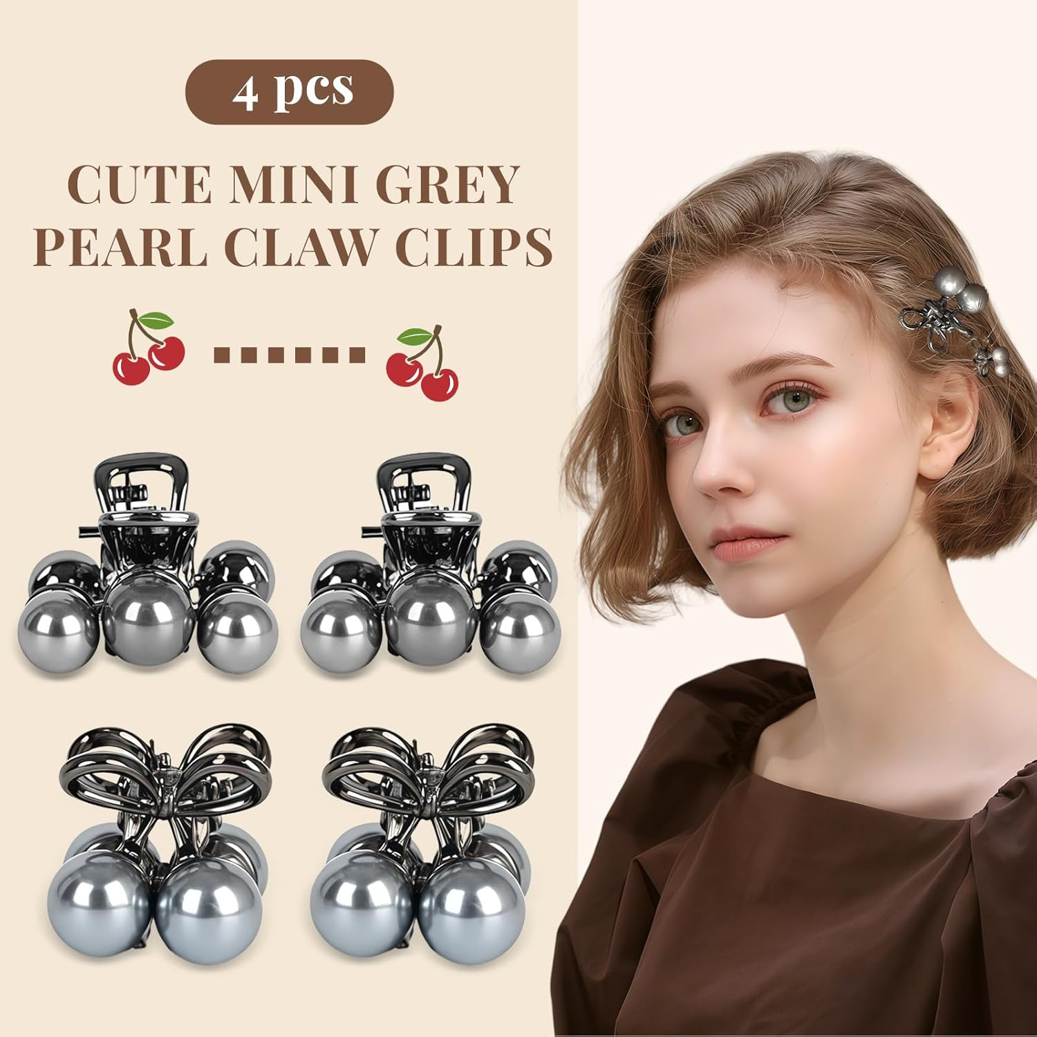 Yamobi Pack of 4 Mini Cherry Hair Clips, Cute Pearl Claw Clips for Women and Girls, Mini Cherry Hair Clips for Half Hairstyles image number 1