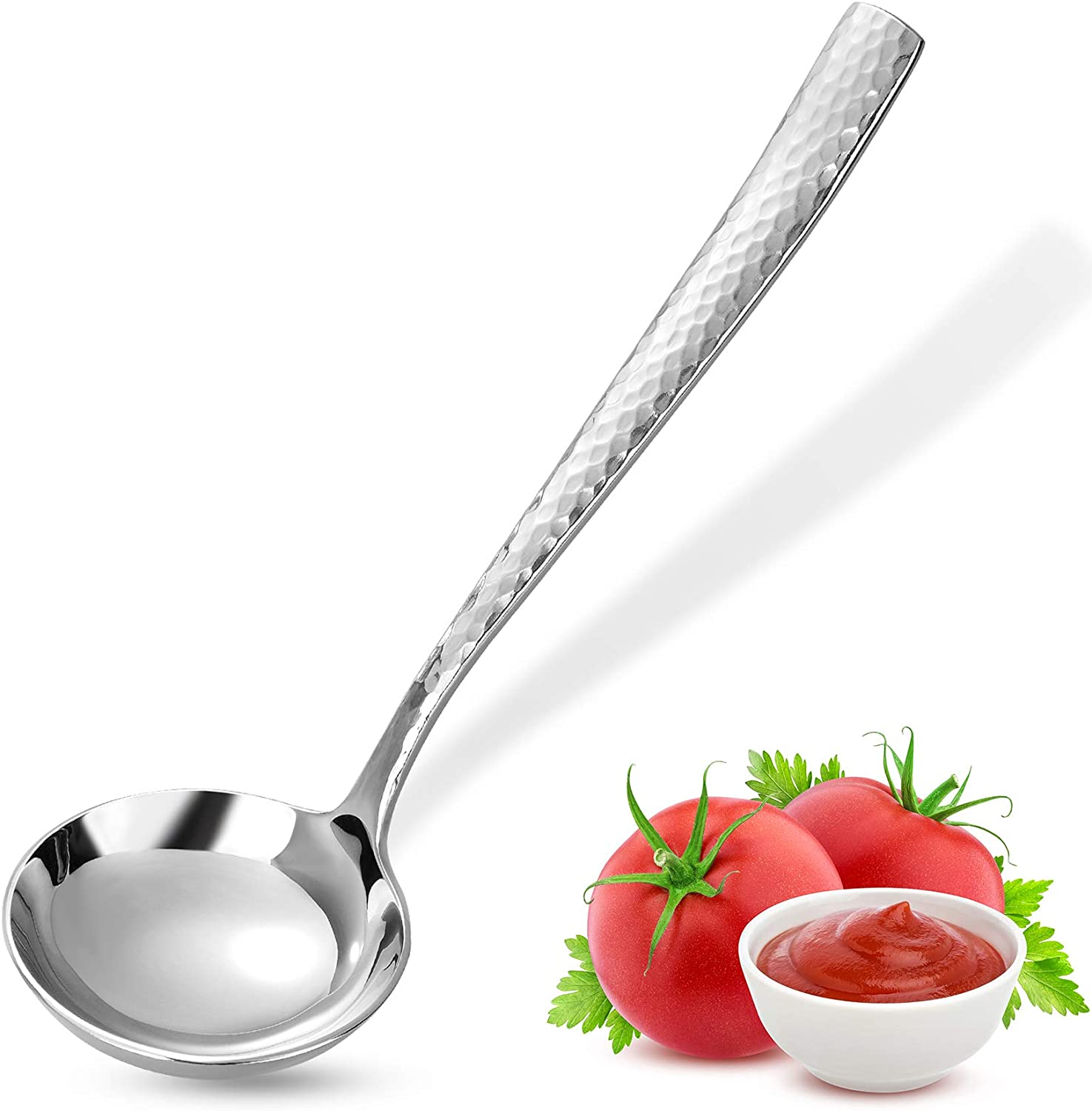 KEAWELL Unique 7.5 Inch Small Hammered Sauce Ladle, 1 Oz. 18/10 Stainless Steel Gravy Soup Ladle. Solid and Sturdy, Dishwasher Safe (1)