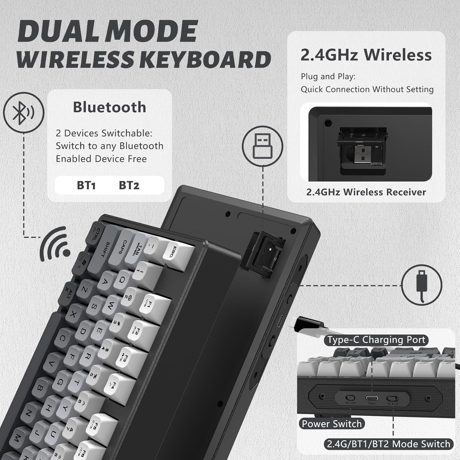 ATTACK SHARK M87 80% Wireless Gaming Keyboard,87 Keys Rainbow Lights TKL Mechanical Feeling SA PBT Keyboard for Mac/Win, Bluetooth 5.0/2.4Ghz Dual Mode Pc Keyboards for Office/Gaming Moonlight image number 2
