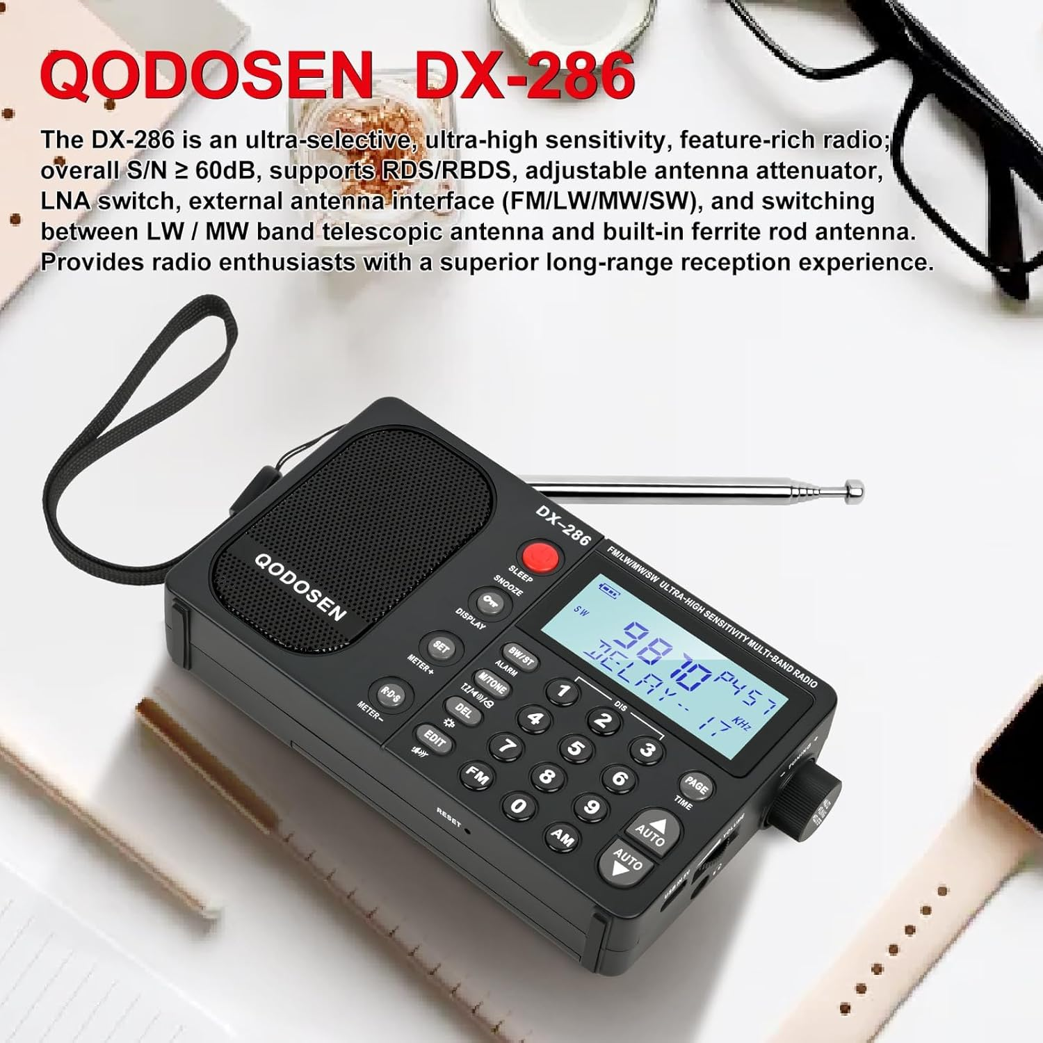 QODOSEN DX-286 Portable Radio, with TEF6686 Automotive Chip,Lw,Am, FM, Shortwave,Data System(Rbds/Rds),Antenna Attenuator,Antenna Switch, AMP Switch,1000 Presets,Tone Switch,Clock/Utc/Alarm/Sleep image number 3
