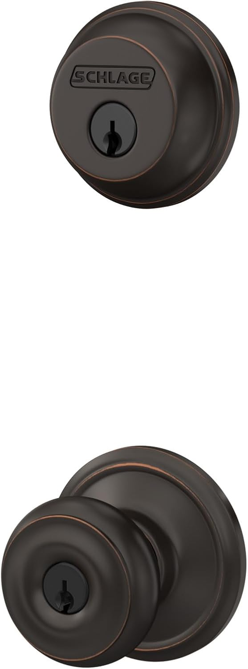 Schlage FB50N V GEO 716 B60 Single Cylinder Deadbolt and F51 Keyed Entry Georgian Knob Keyed Alike, Aged Bronze Finish