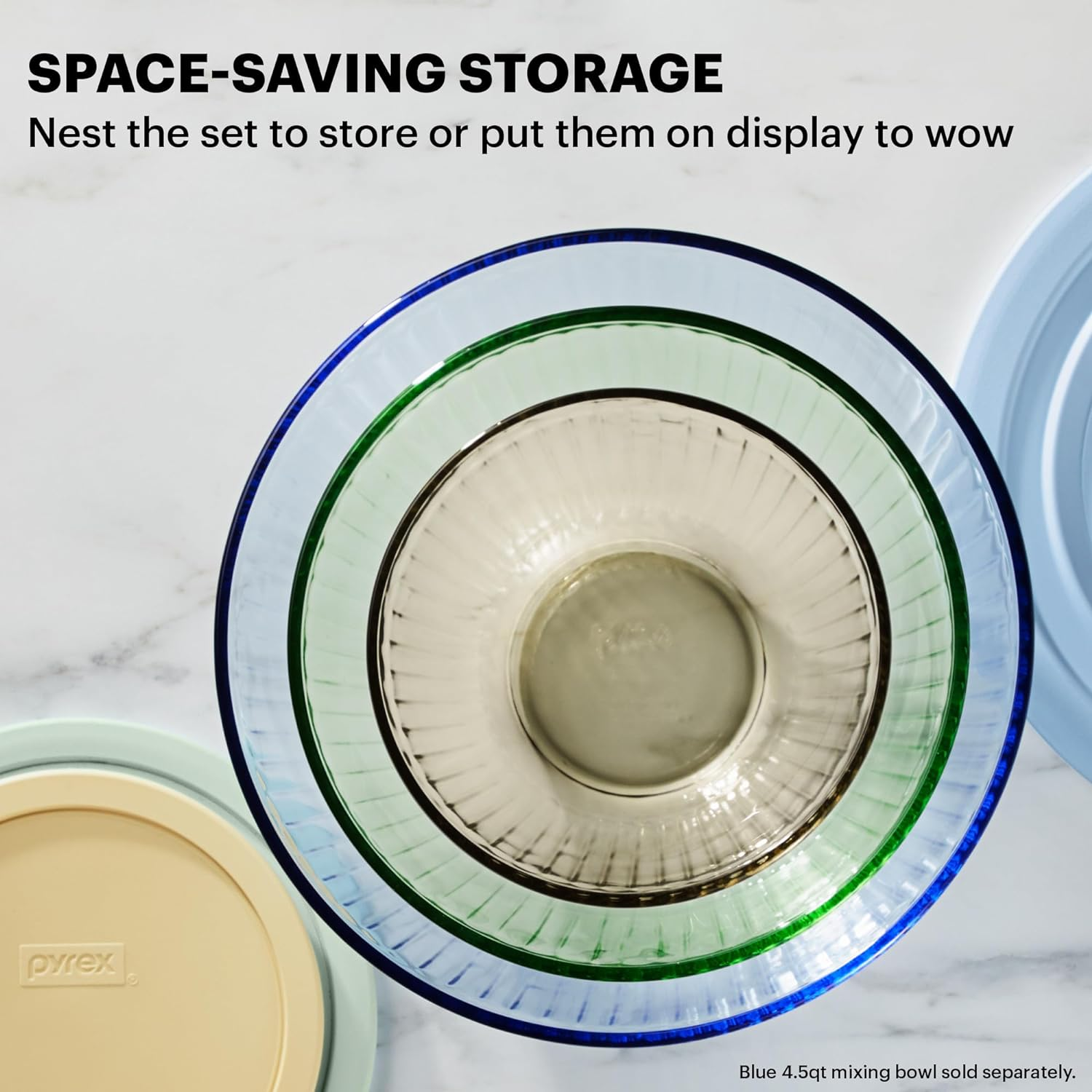 Pyrex Sculpted Tinted 6-PC Full Set, Small/Medium/Large Glass Mixing Bowls with Lids, Nesting Space Saving Set of Bowls for Prepping and Baking, 1.3QT, 2.3QT & 4.5QT image number 4