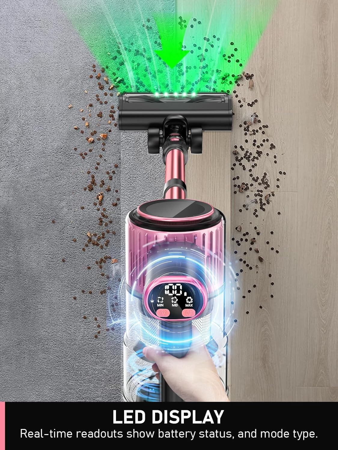 Cordless Vacuum Cleaner, 8 in 1 Powerful Suction Lightweight Vacuum Cleaner for Home, LED Display, 3 Suction Modes, 40Mins Detachable Battery Vacuum for Hard Floor Carpet Pet Hair, Pink image number 6