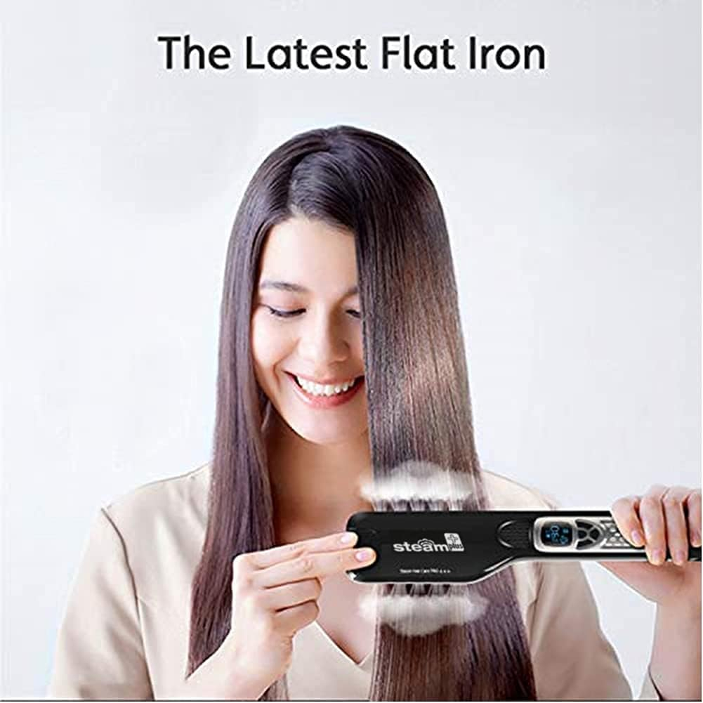 Hair Straightener with Steam,Salon Professional Nano Titanium Ceramic Steam Flat Iron with Removable Comb+Digital LCD+5 Level Adjustable Temperature+Auto Temperature Lock (Black) image number 1
