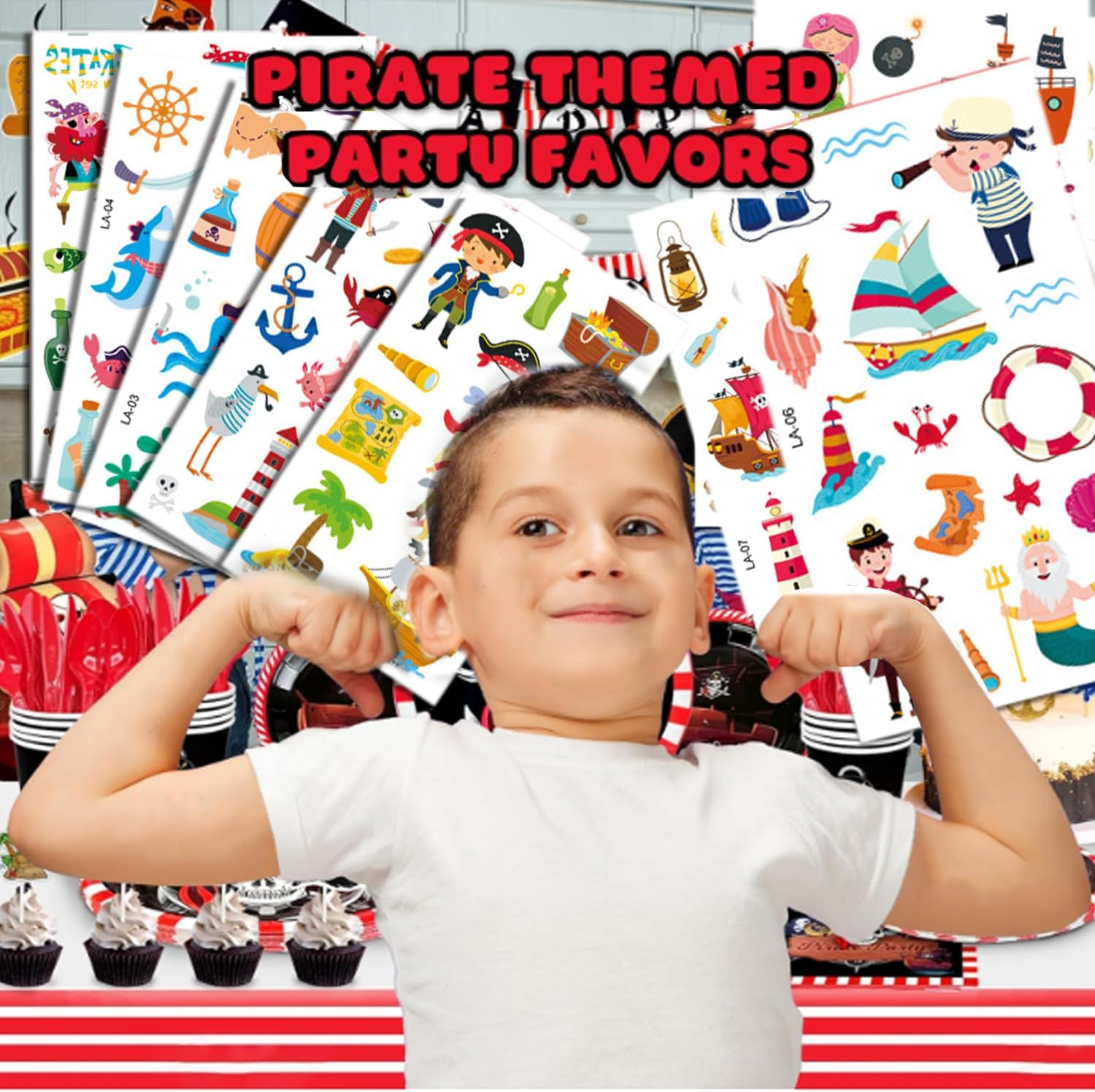 Shalve 20Pcs Pirate Temporary Tattoos Waterproof Fake Tattoos Stickers Gift Idea Fillers Birthday Party Favour Supplies School Prizes Rewards Holiday D&eacute;cor Classroom Rewards