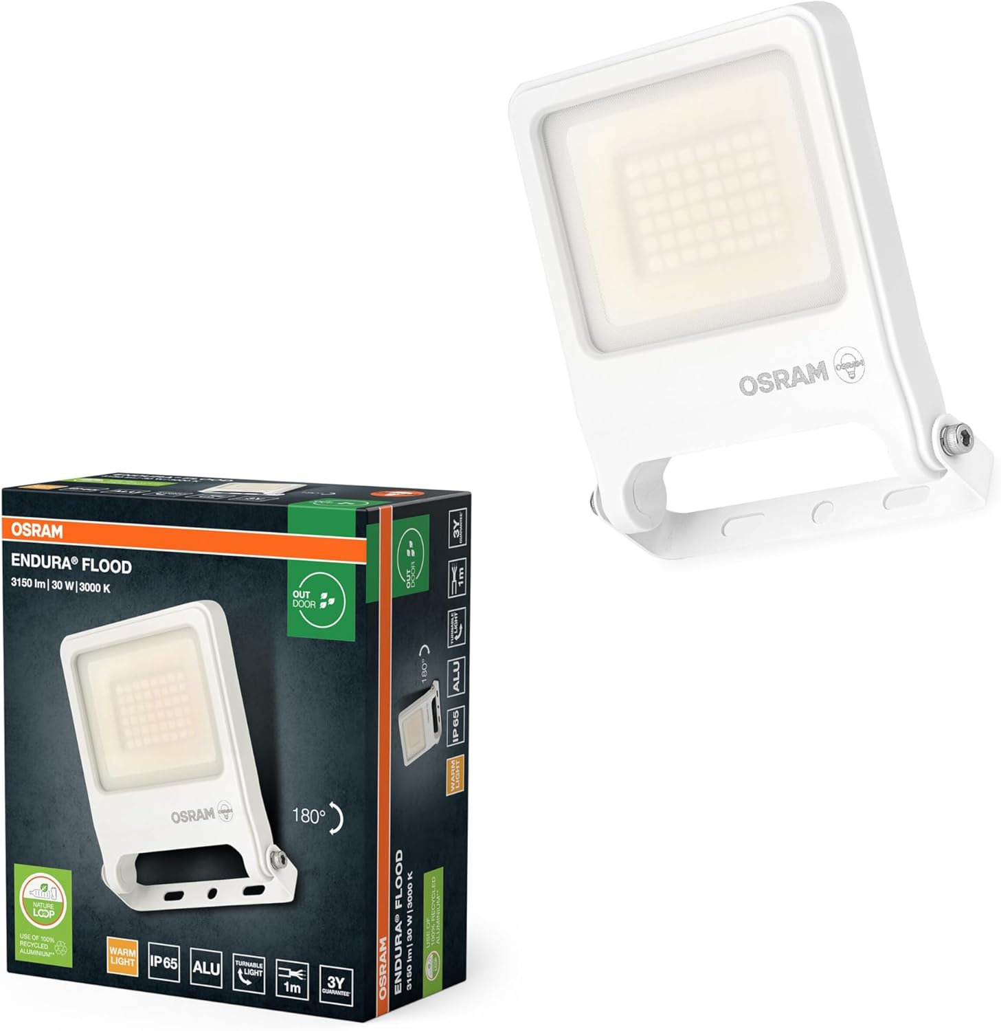 OSRAM Endura Flood PC 30W LED Floodlight, Warm White 3000K, 3000 Lumens, IP65 White Projector, Recycled Material, 180&deg; Rotating, White image number 1