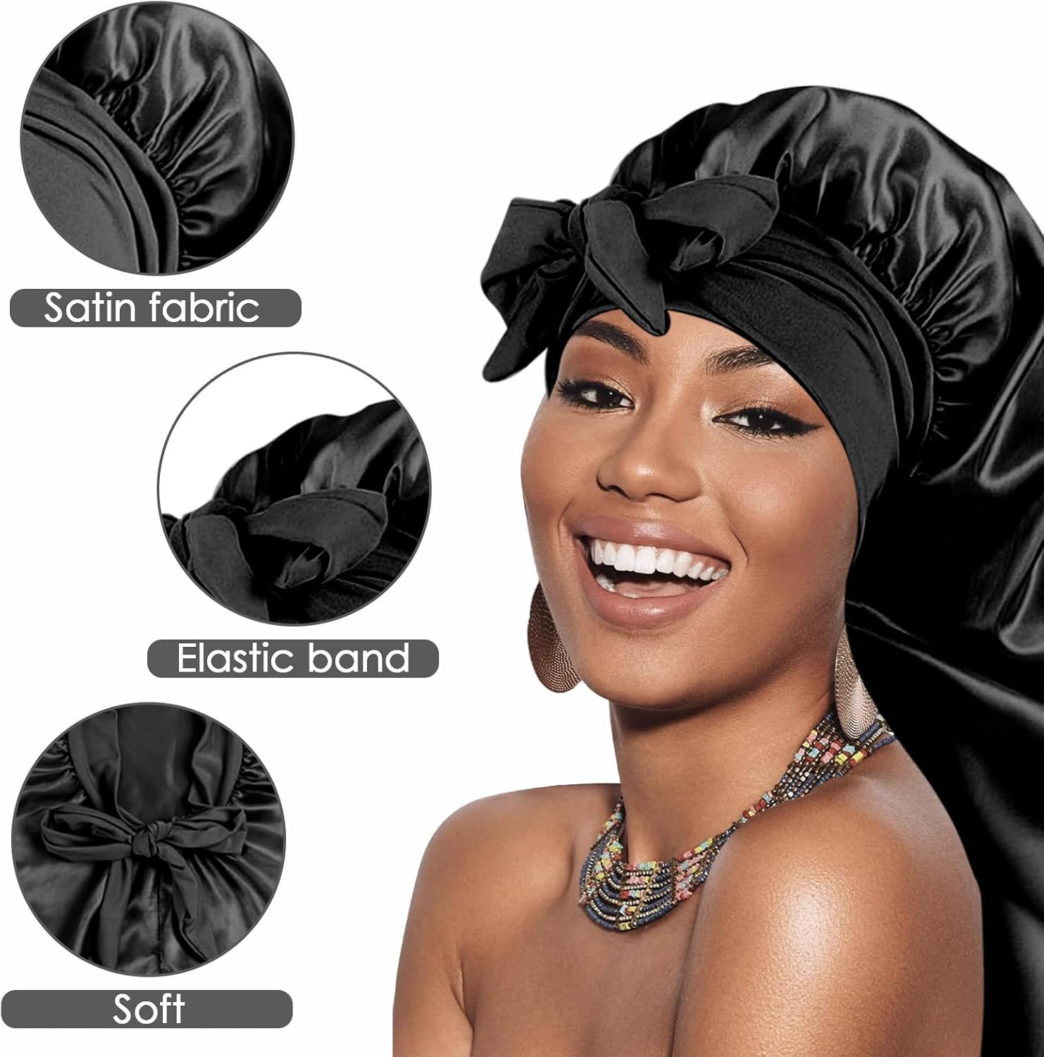 Extra Long Satin Bonnet for Women, Adjustable Braid Bonnet with Tie Band, Double Layer Elastic Silk Headwear, Black, One Size image number 5
