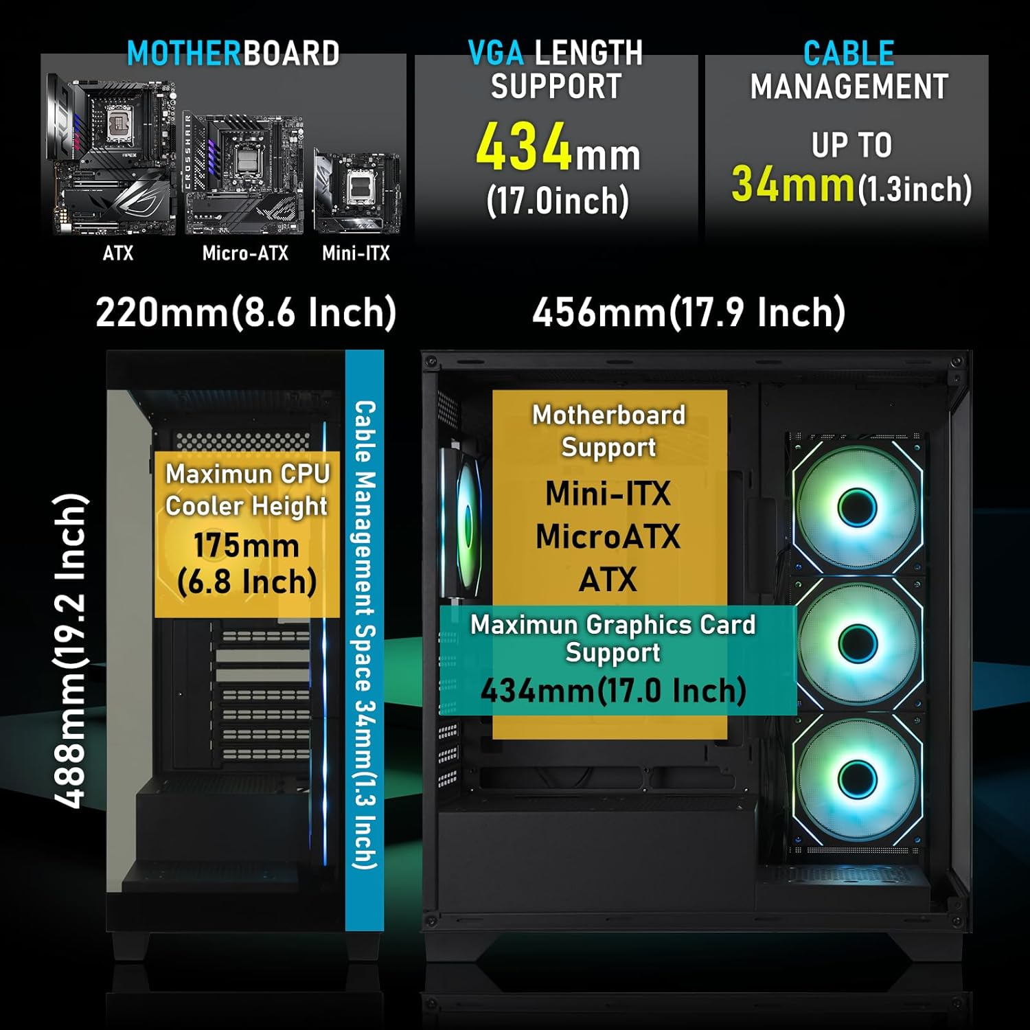 Bitfenix CETO High Airflow PC Gaming Case Premium Edition Black-Panoramic Tempered Glass&ndash;Reverse Connection Motherboard Compatible&ndash;4Xinfinity Mirroring ARGB Fans(3X Reverse)-360Mm AIO Support image number 6