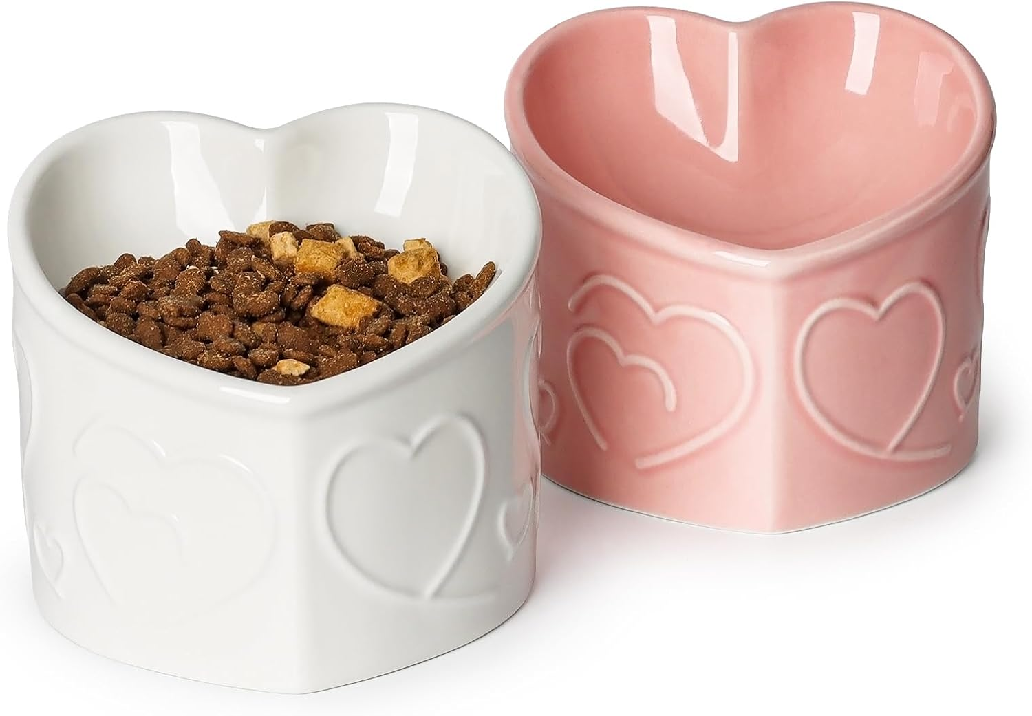 Yauyik Tilted Elevated Food Water Bowls Set of 2 - Ceramic Raised Cat Bowls - Pet Feeding Bowl Backflow Prevention for Cats Small Dogs, White & Pink