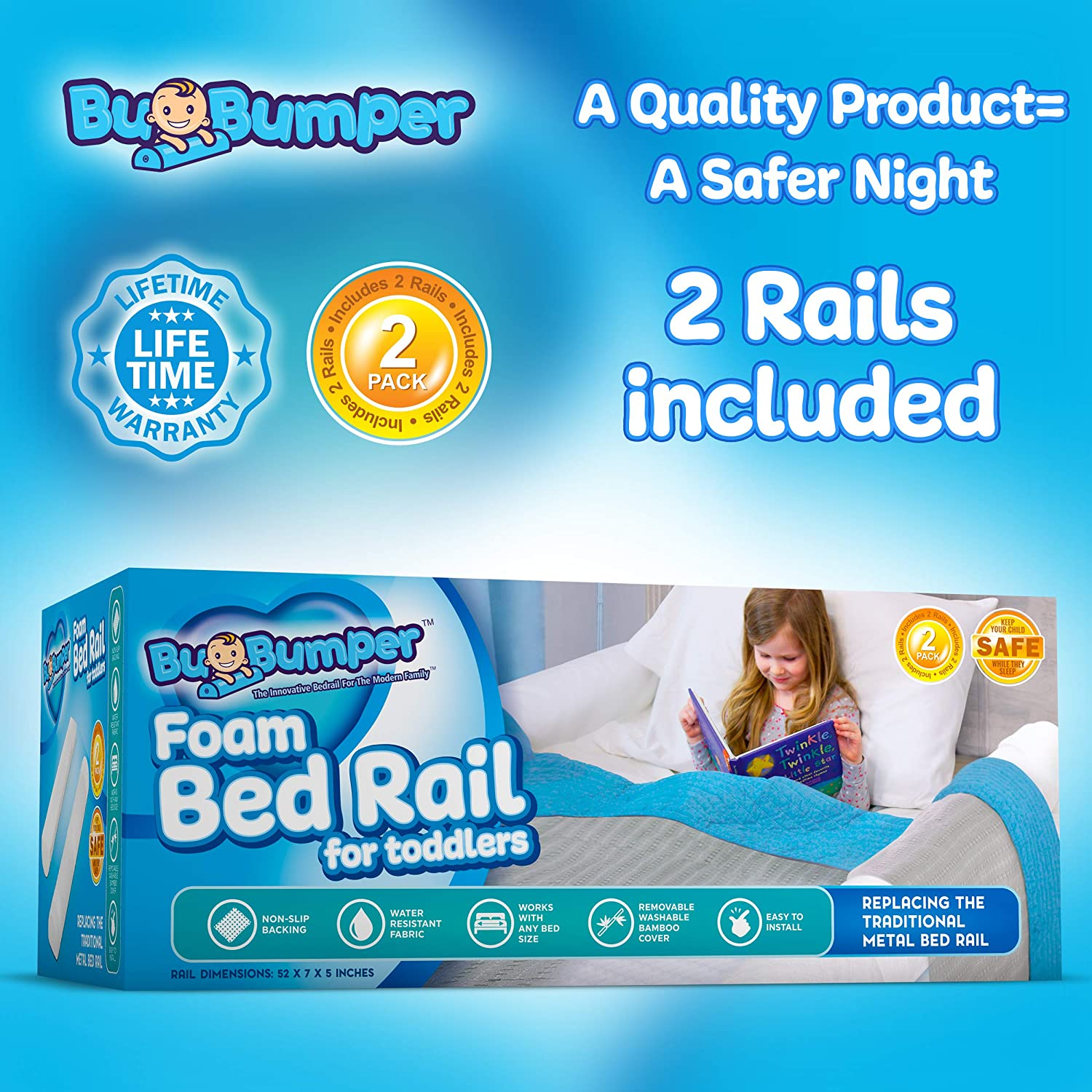 [2-Pack] Foam Bed Rails for Toddler | Soft Bed Bumper for Kids, Special Needs, Elderly | Baby Bed Guard | Child Bed Safety Side Rails with Water Resistant Washable Cover image number 2