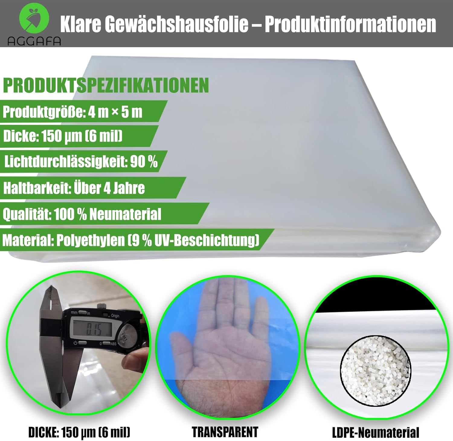 AGGAFA Heavy Duty Greenhouse Plastic Sheeting &ndash; 150&Mu;m (6 Mil) Clear Polyethylene Film, 4-Year UV Resistance, 90% High Light Transmission, Made from 100% Virgin Raw Materials (150Um-4Mx5M)