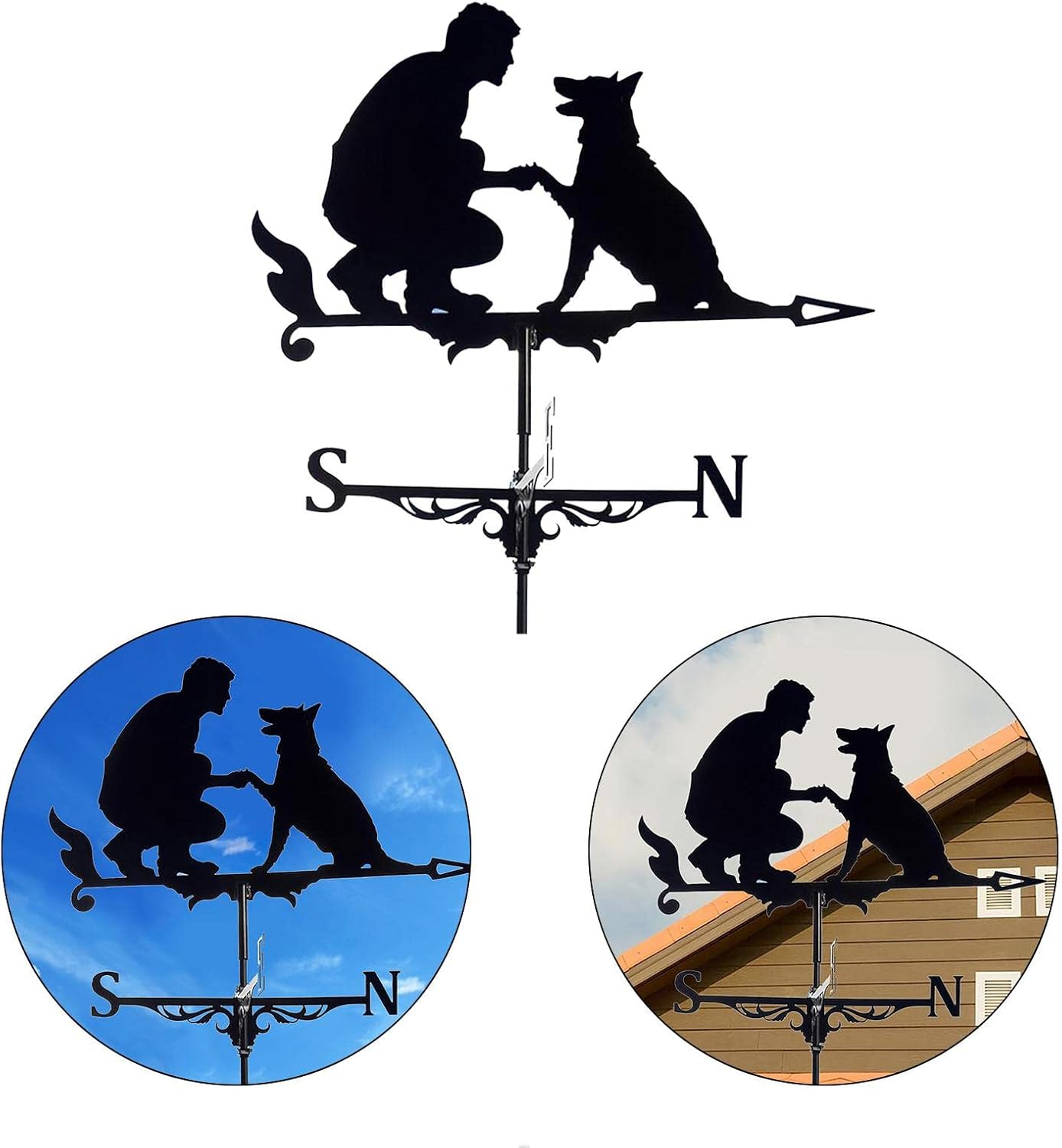 Prettyia Roof Weather Vane, Traditional Drawing Iron Weather Vane, Roof Decoration Drinking Garden, Multifunctional Weather Vane, for Barn, Pavilion - Man with Dog, as Described