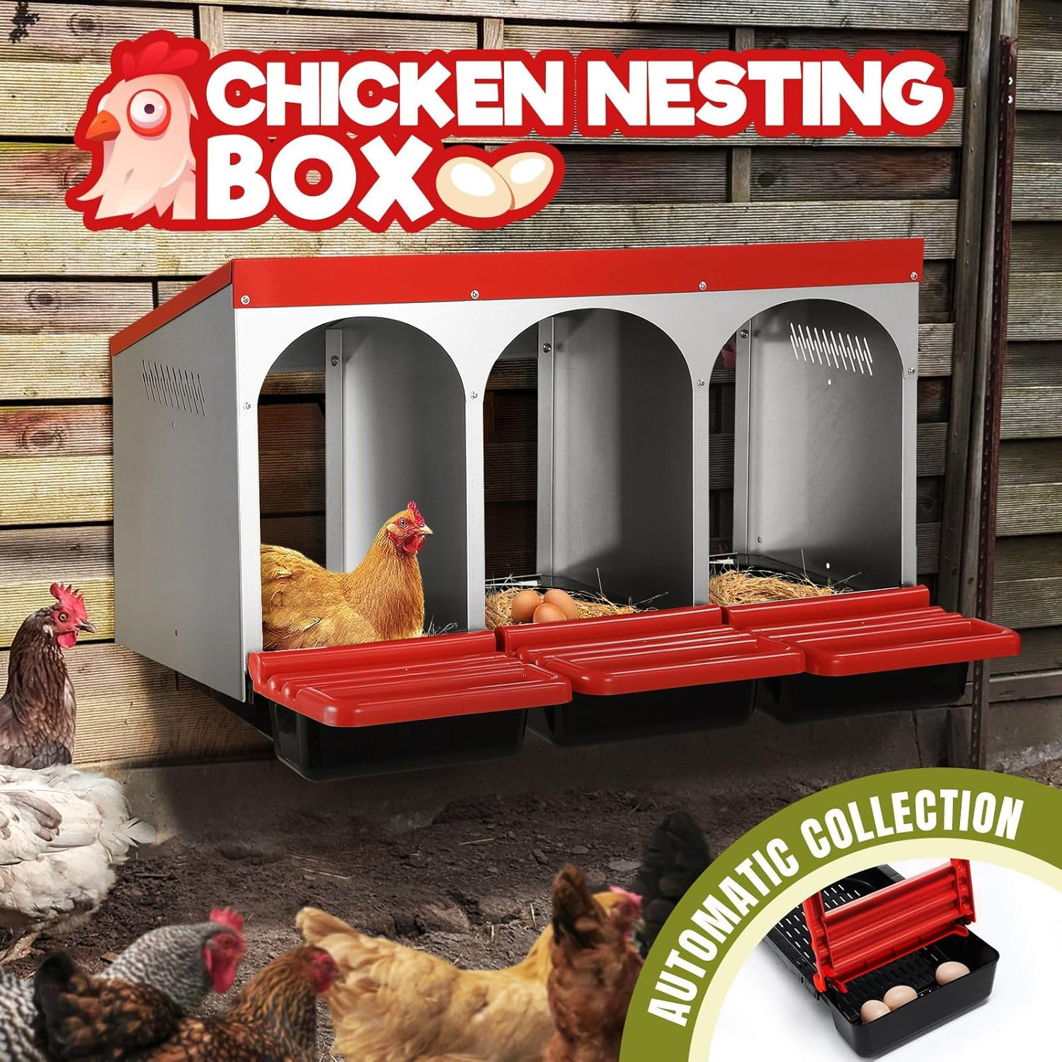 3 Compartment Nesting Box Chicken Hen Roll Away Laying Nest Boxes Chook Brooder Poultry Coop Roost Egg Perch Galvanised Steel Plastic with Lid Vents image number 2