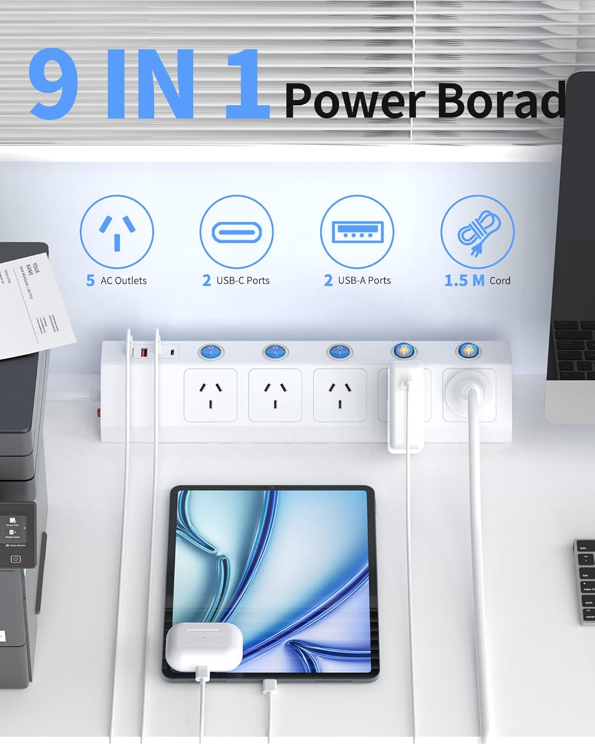 Power Board Surge Protected with Individual Switch, Powerboard with 5 AC Outlets 4 USB Ports (2 USB C), 1700J Surge Protector, SAA Certified, 1.5M Extension Cord for Home and Office, White