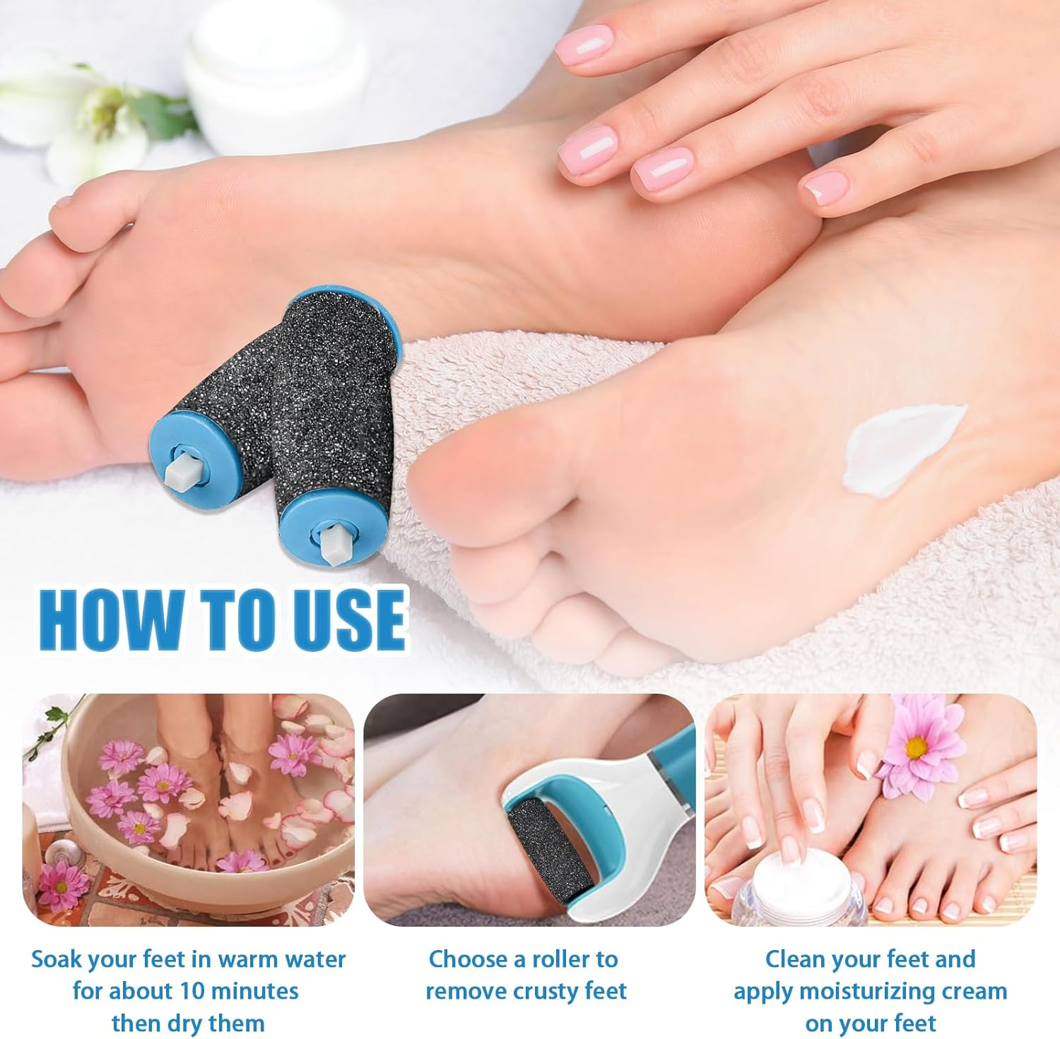 Pack of 10 Replacement Rollers, Callus Remover, Callus Remover Replacement Rolls, Velvet Smooth Rolls, 3 Types of Roughness Coarse for Removing Hard Skin, Pedicure Foot Care Set (Black)