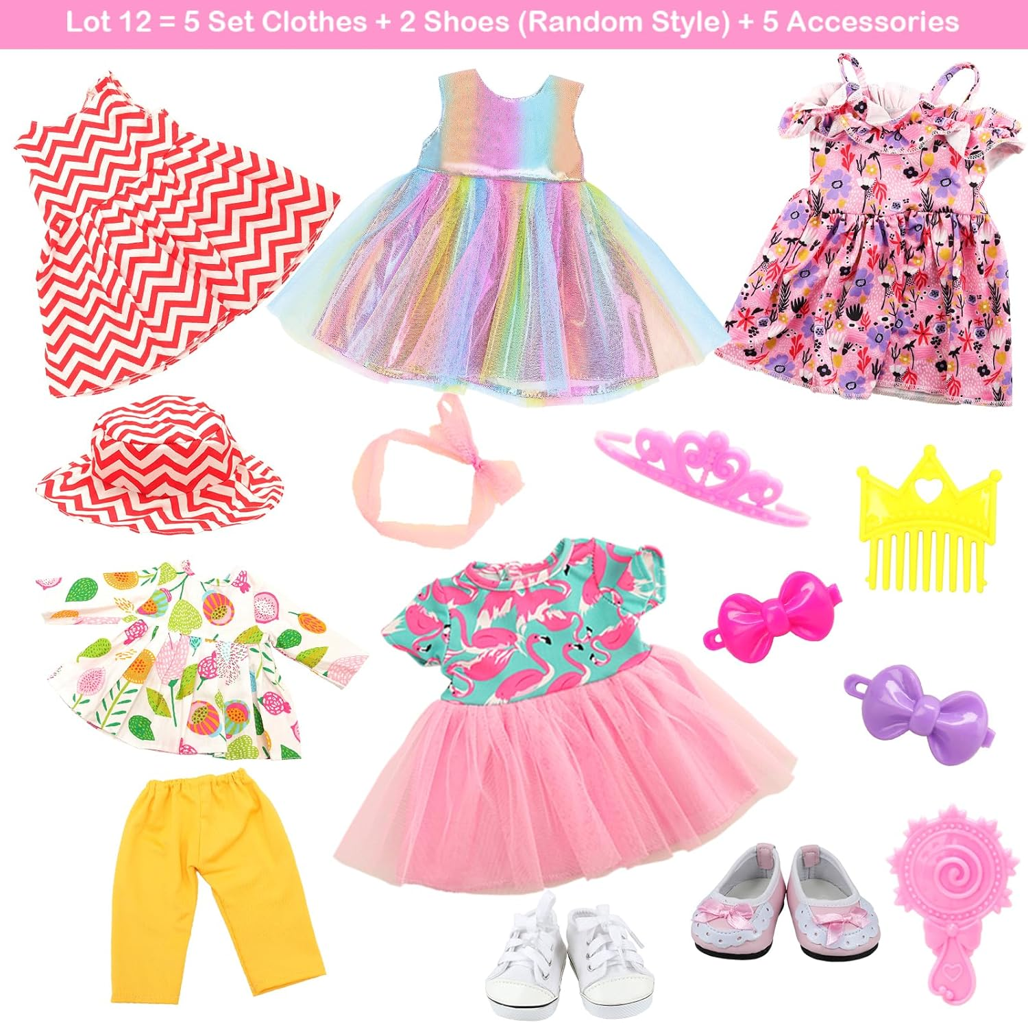 BARWA 18 Inch Doll Clothes and Accessories 5 Sets Clothes Dress Outfits with 2 Pairs Shoes for 18 Inch Girl Dolls image number 6