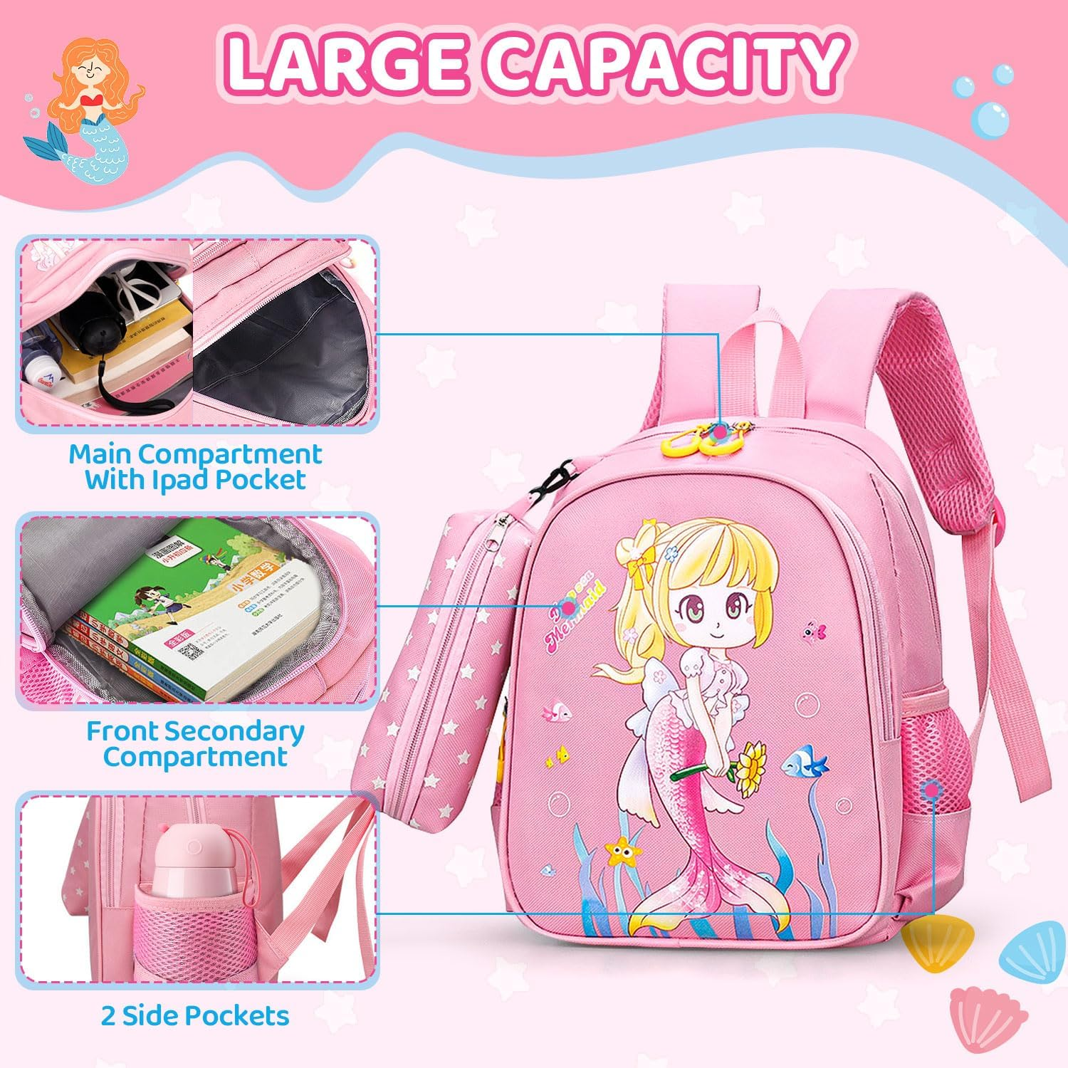 WOTOW Backpack for Kindergarten Kids, Girls Bag Large Capacity, Pencil Box, anti Lost Wrist Link for Toddler, Mermaid Preschool Girl Bag image number 5