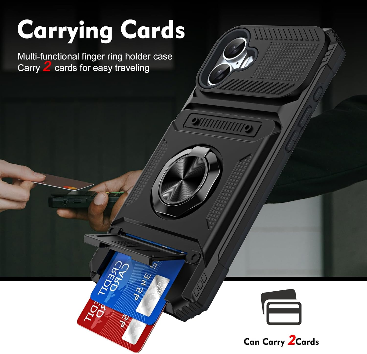 QIWEIQING Case for Iphone A, Military-Grade Shockproof Built-In Kickstand Phone Case Slide Camera Cover Removable Card Holder Anti-Scratch Rugged Bumper Cover for Iphone A. Black LM image number 5