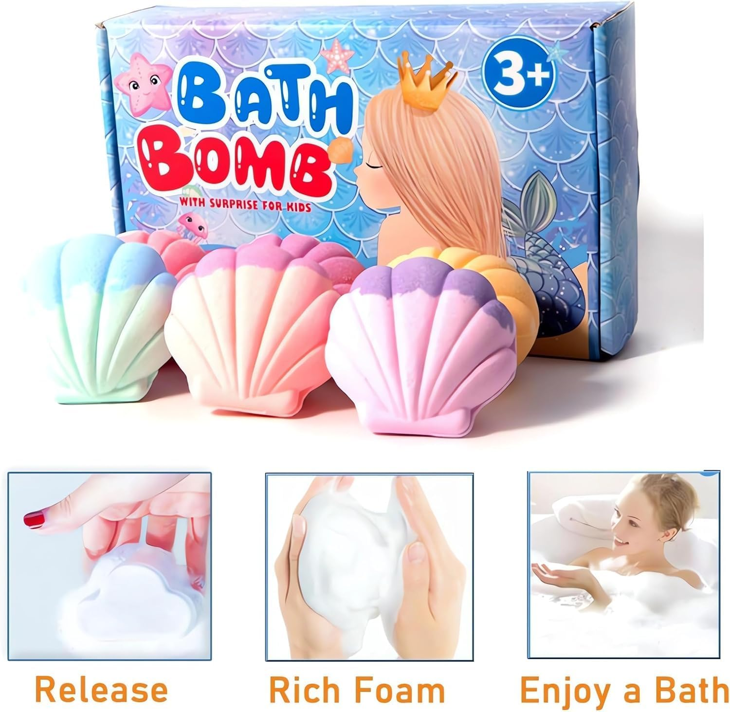 Mermaid Bath Bomb Kid, 6Pcs Shell Mermaid Bath Bomb for Girl with Surprise Inside, Bath Bombs with Mermaid Sea Shells for Girls, Bath Bomb Rich in Essential Oil, Organic Safe Bath Bomb Set (Sea Shell) image number 1