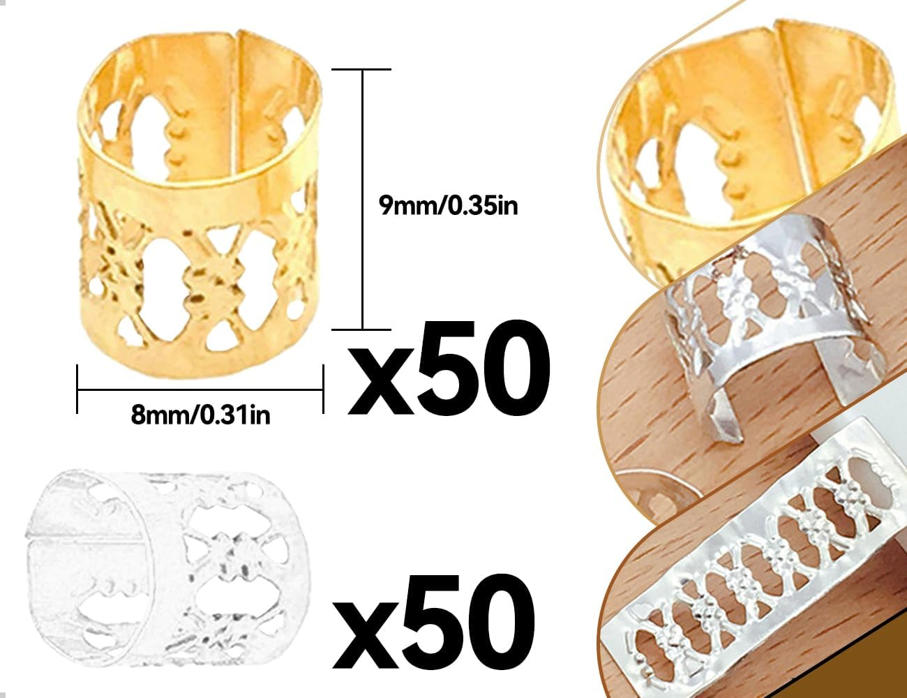 Emezddo Pack of 100 Dreadlocks, Adjustable Metal Cuffs, Hair Accessories, Hair Spiral Clips, Braiding Accessories, Used for Men, Women, Girls and Boys Braids (Gold and Silver) image number 6