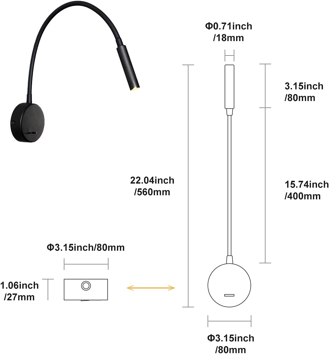 Wall Reading Lamp, DAWALIGHT Reading Light Wall Mounted 2 Pack Flexible 400Mm Gooseneck Lighting LED 3W 3000K Bedside Wall Lamp with Switch for Bedroom Living Room Books, Black image number 2