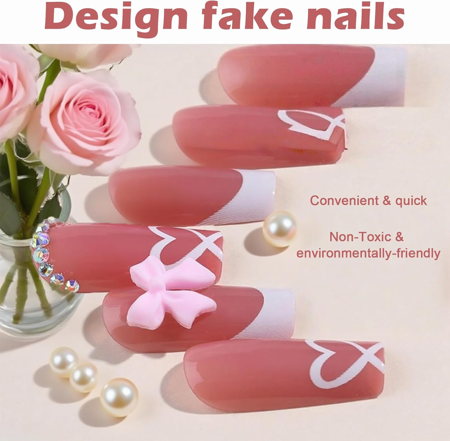 French Tip False Nails, Acrylic Full Cover Fake Press on Nails for Women Girls, Square Long Nude Color Stick on Nail Art Manicure Decorations (#1) image number 3