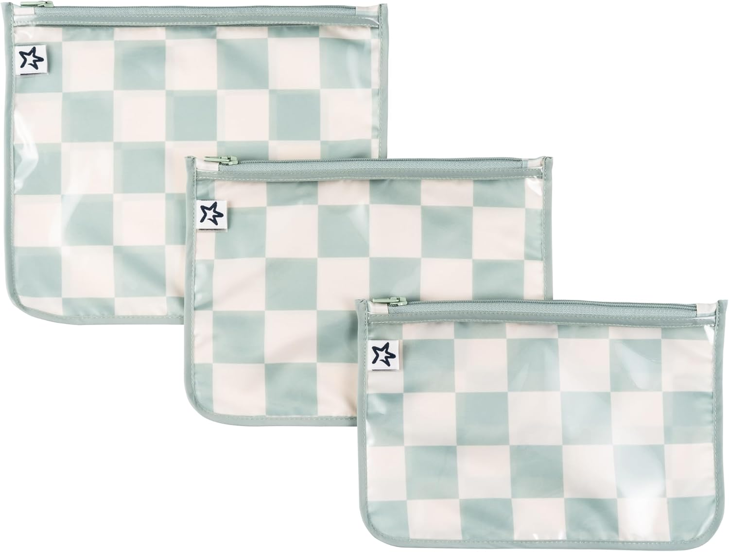 Tiny Twinkle Mess-Proof Travel Bags, Airline Compliant, Zipper Closure, Clear Front Pouch, Diaper Bag Packing, Toiletry or Cosmetics Organizer 3 Pack Set (Sage Checkers)
