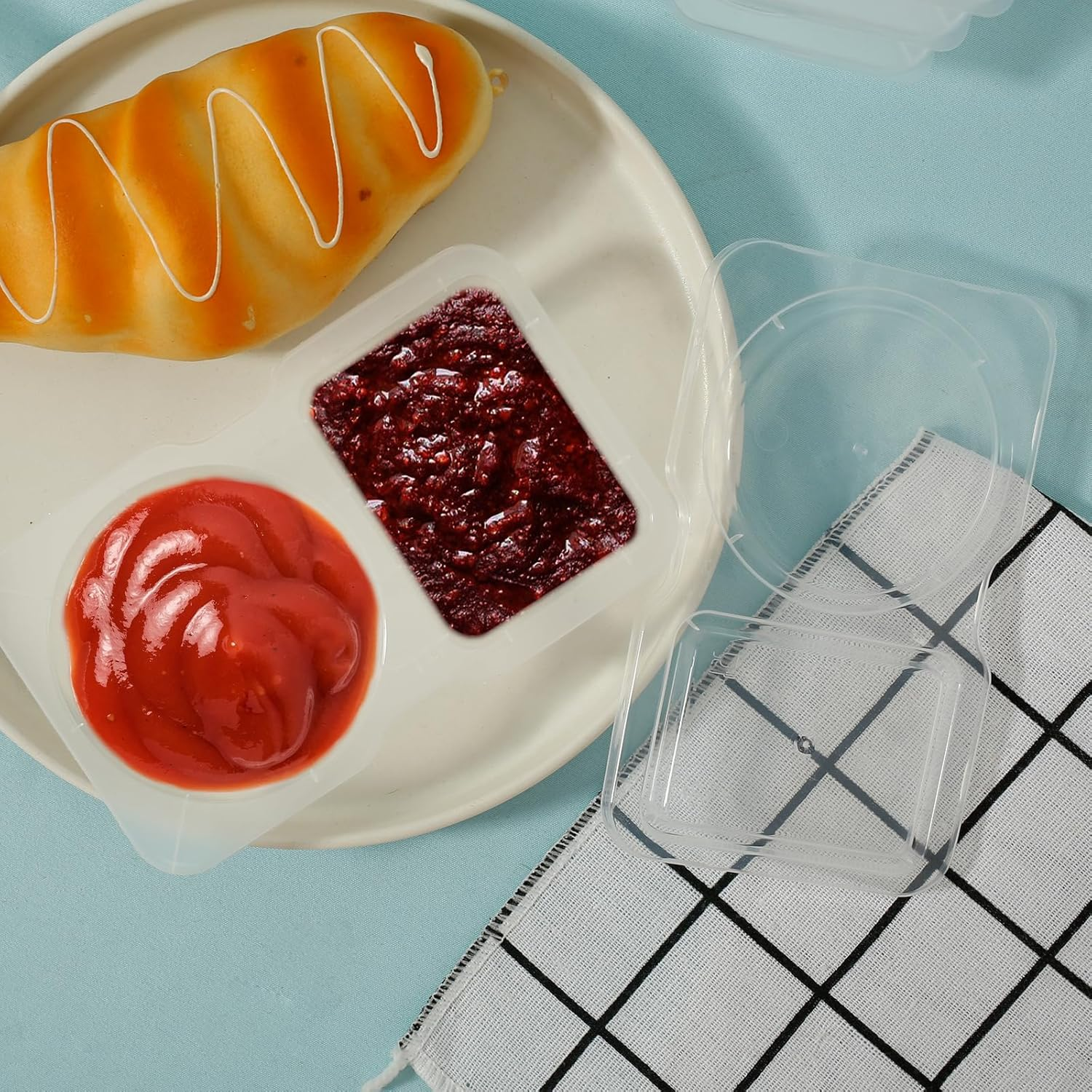 Hnvdkln 40 PCS Double Compartment Condiment Container with Lids, Reusable Double Condiment Containers, Clear Two-Compartment Salad Dressing Tomato Sauce Container image number 4