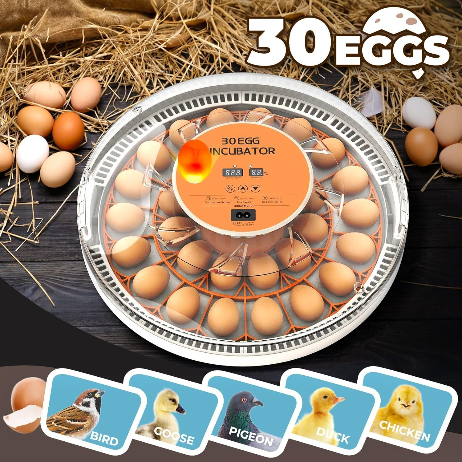 Pet Scene 30 Egg Incubator Automatic Hatcher Hatching Hatchery Machine for Chicken Duck Quail Bird Goose Turkey with Auto Turner Humidity Control LED Candler image number 2