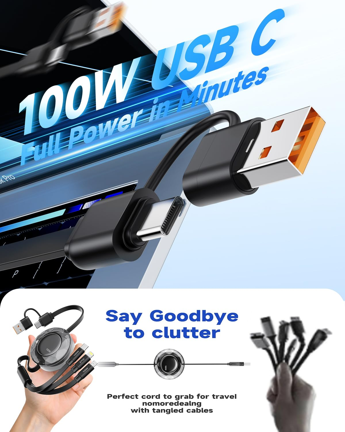 100W Multi Charging Cable, 5 in 1 Retractable Charger Cable USB C 5A Iphone 17 Fast Charger Cord for Multiple Devices for Iphone 17 16 15 14 /Samsung Galaxy S25/Ps/Mbook/Pad (1.2M) Travel Essentials - Black image number 4