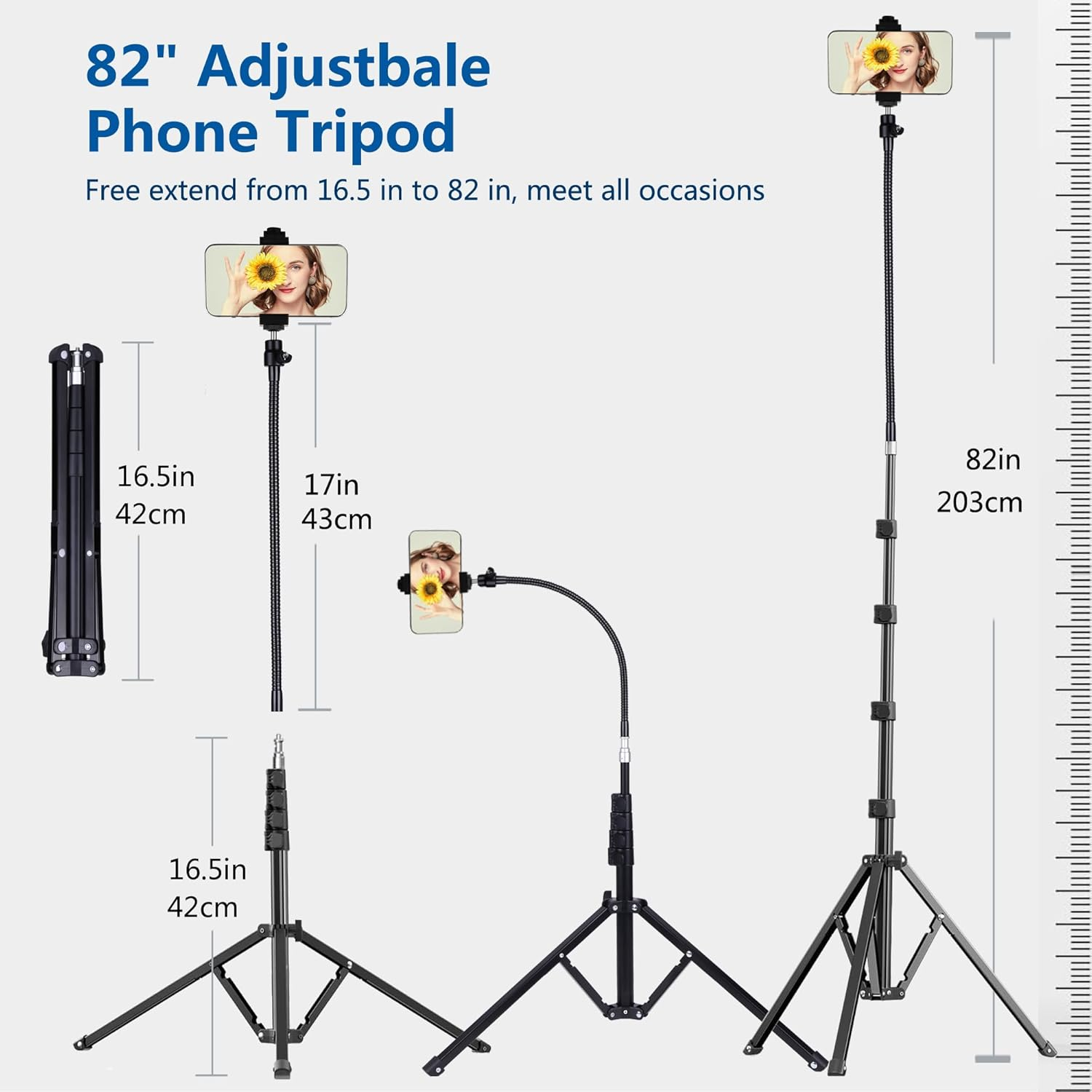 Peastrex 82" Tall Flexible Phone Tripod with 17" Gooseneck, Overhead Cellphone Tripod Stand for Video Recording for Iphone 15 14 13 Pro Max Pro, Android Phone image number 6