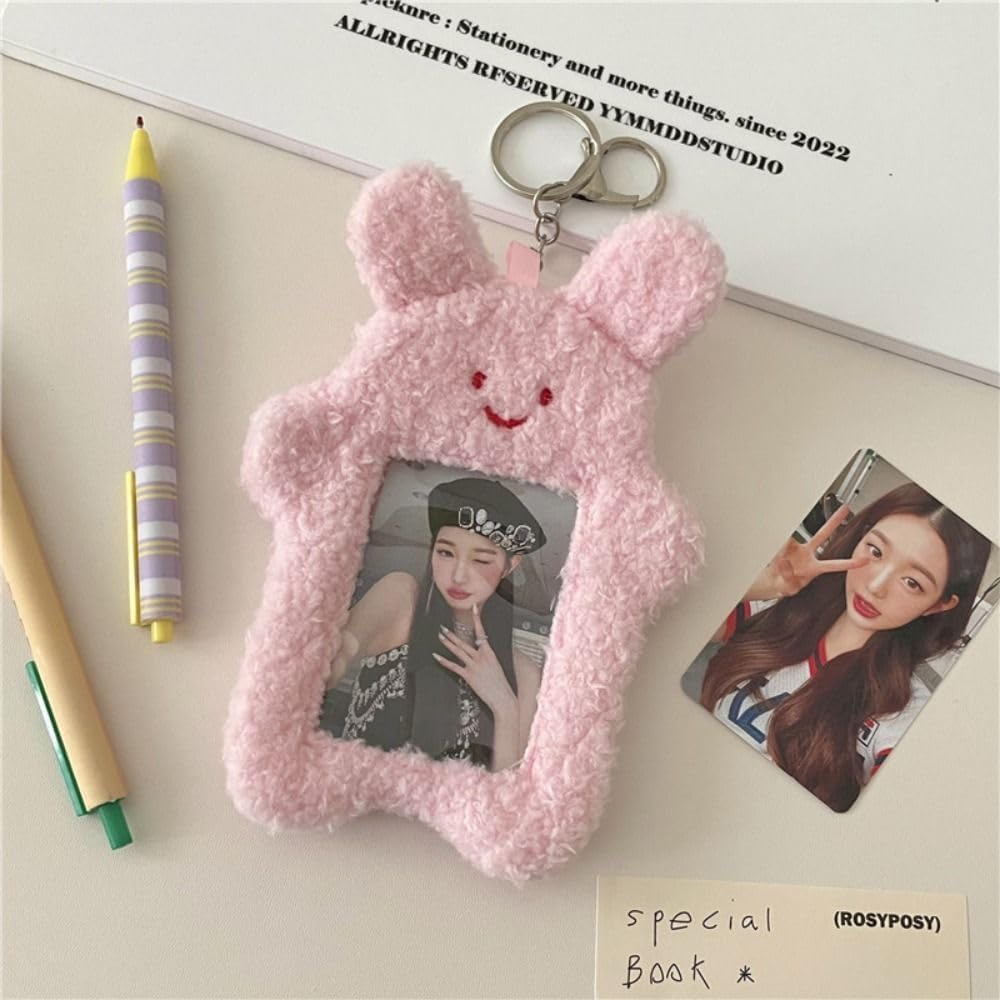 Juroicessry 1Pc White Photocard Holder,Cartoon Plush Photocard Holder Outdoor Girl Korean Style ID Card Cover Protective Case Card Sleeve Student Rabbit Identification Badges Supplies image number 5