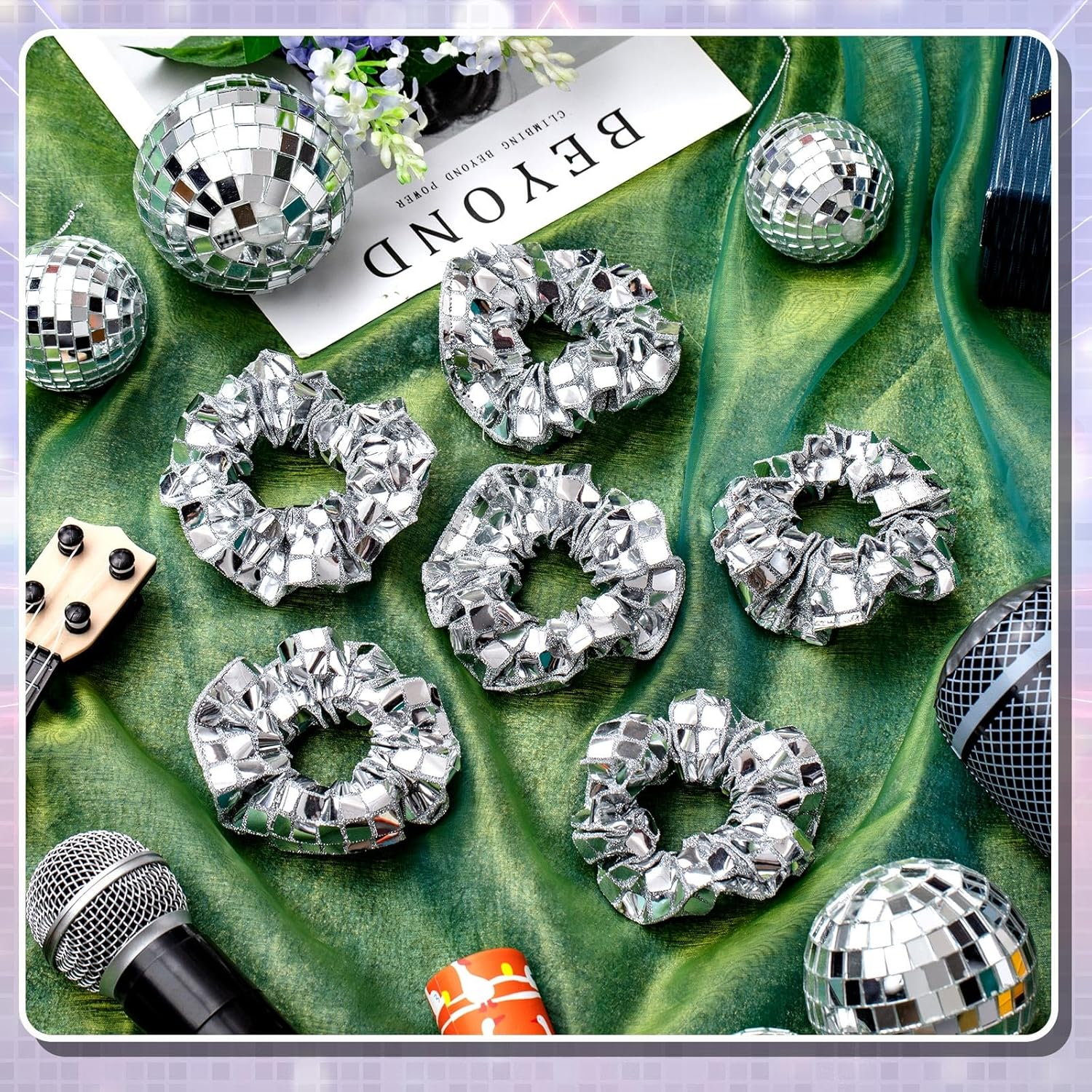 Lyrow 24 Pcs Disco Ball Sequin Hair Scrunchies Last Disco Bachelorette Party Favors Silver Metallic Hair Bobbles Elastics Ponytail Holders Mirror Disco Ball Retro 70S 80S 90S Disco Party Bridal Shower image number 5
