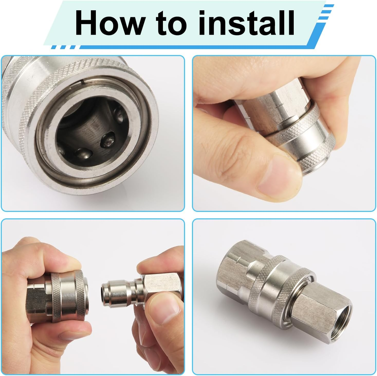 10Pcs Pressure Washer Fast Connect, 1/4In Pressure Washer Adapter Set Male & Female Thread Pressure Washer Fittings Stainless Steel Power Washer Accessories for Garden Hoses Pumps (Silver) image number 4