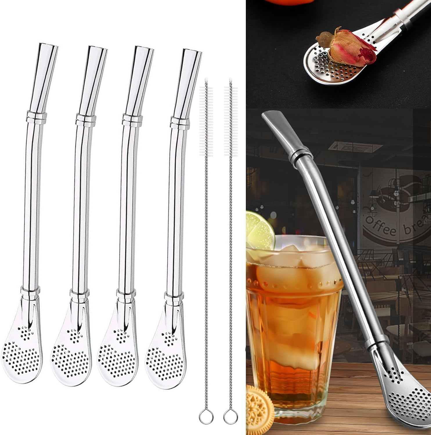 4 Pcs Yerba Mate Straw, Stainless Steel Straw Spoon with Filter,Cup Stirring Spoon Tea Straw Head Filter Straws with 2 Cleaning Brushes image number 1