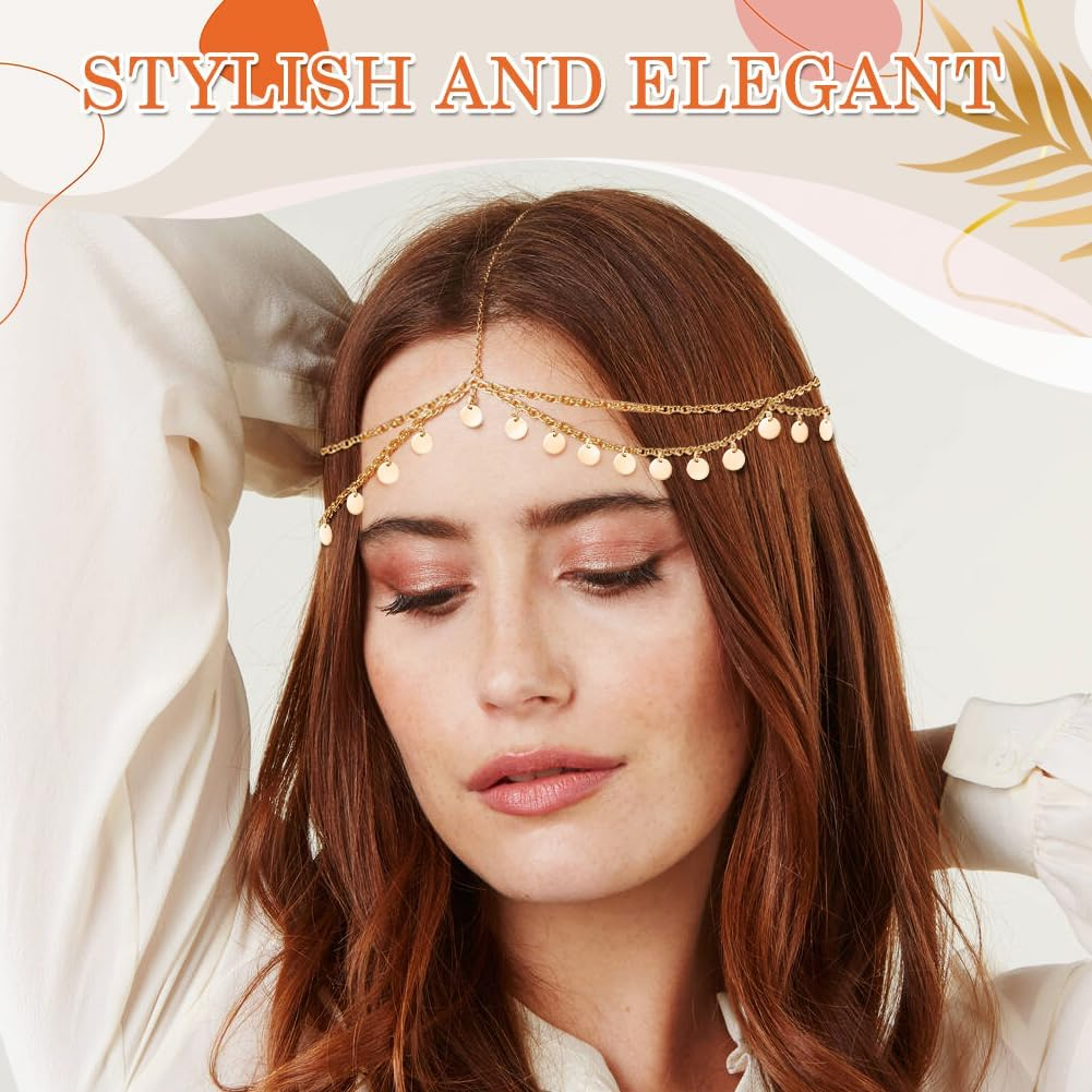 Women'S Gold Headband, FUKPO Boho Headchain, Gold Hippie Oriental Headpiece, Gold Sun, Golden Head Chain, Hair Chain, Wedding Bridal Hair Accessories, Sequins, Tassels, Headband, Festival, Women And image number 1