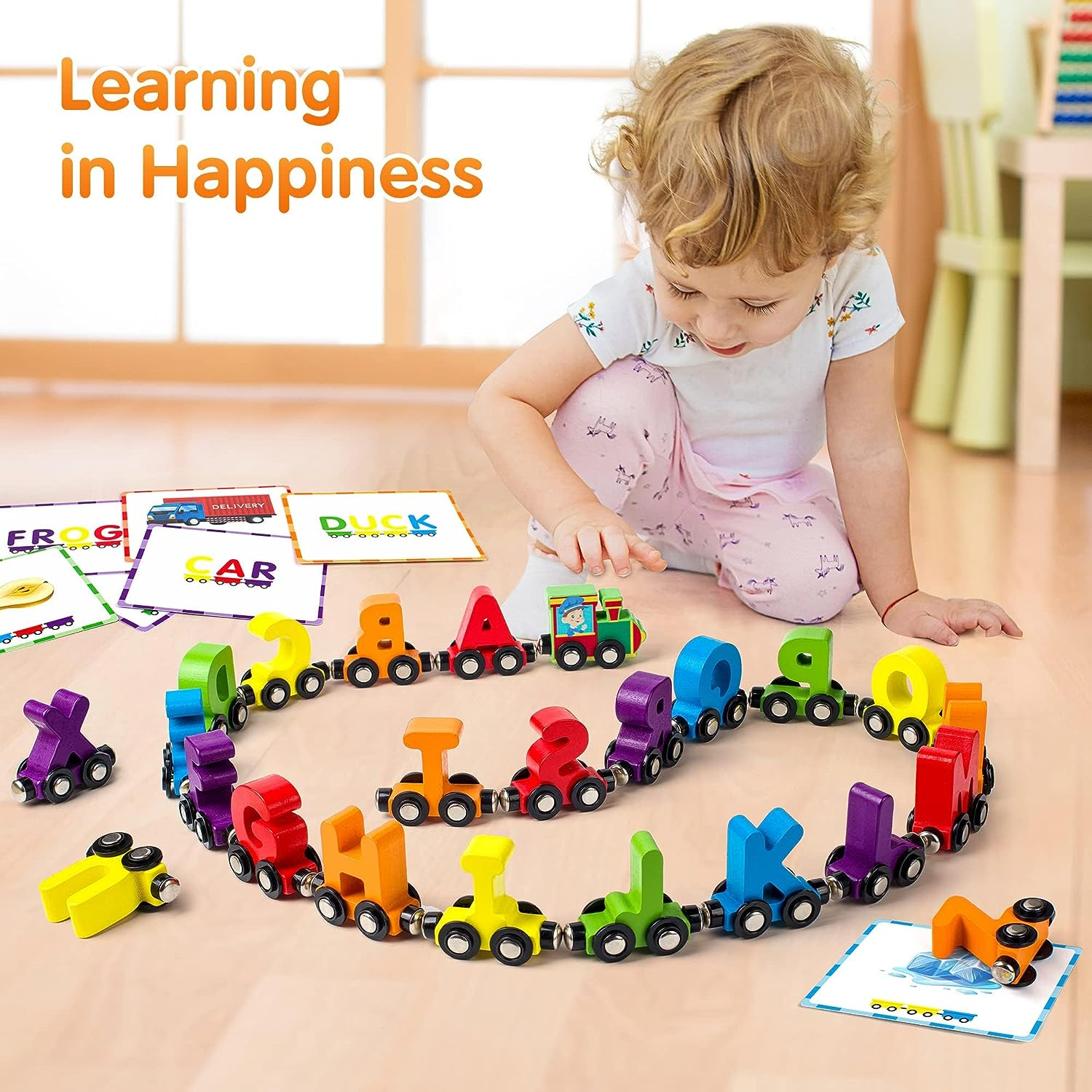Vanmor 27 PCS Magnetic Wooden Alphabet Train Sets, ABC Letter Learning Toy Trains with 42 PCS Flash Cards, 1 Engine, 1 Storage Bag, Toddlers Kids Boys Girls Educational Toys Aged 3-7 New Year'S Gifts image number 6
