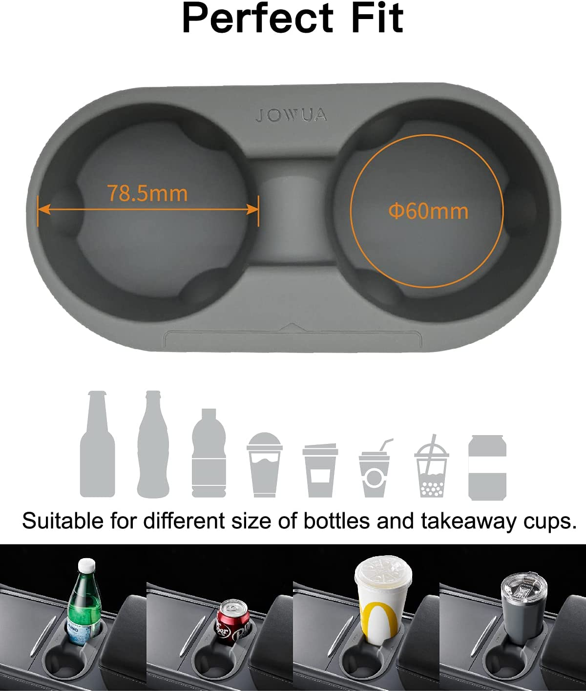 Jowua Center Console Cup Holder for Tesla Model 3/Model Y, Silicone, Washable (Grey, Center Console Cup Holder + Rear Seat Coaster) image number 1