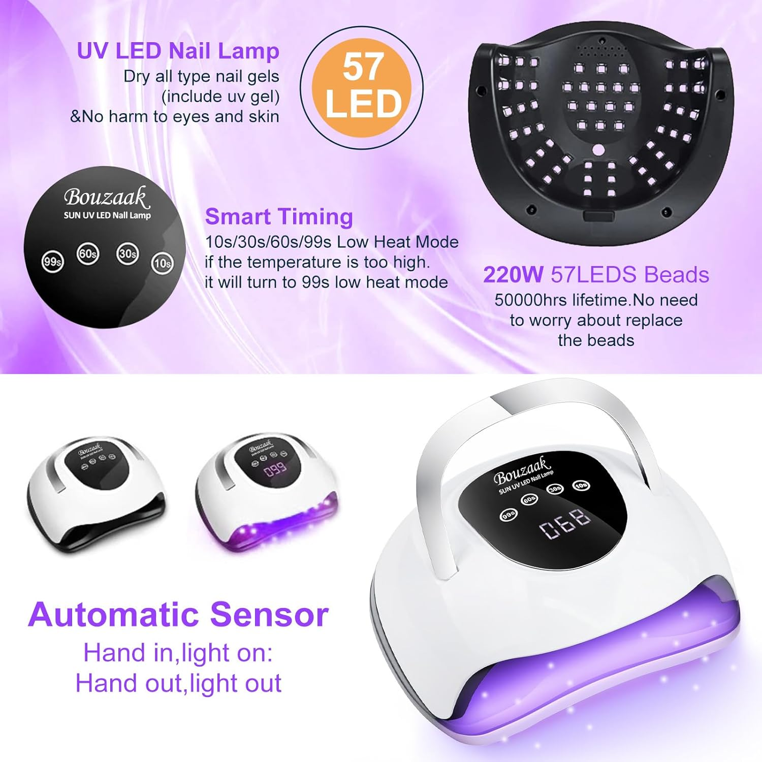 Bouzaak UV Nail Lamp, Professional 220W UV LED Nail Dryer for Nails Gel Polish with 57 Lamp Beads 4 Timer Setting & LCD Touch Display Screen, Auto Sensor image number 6