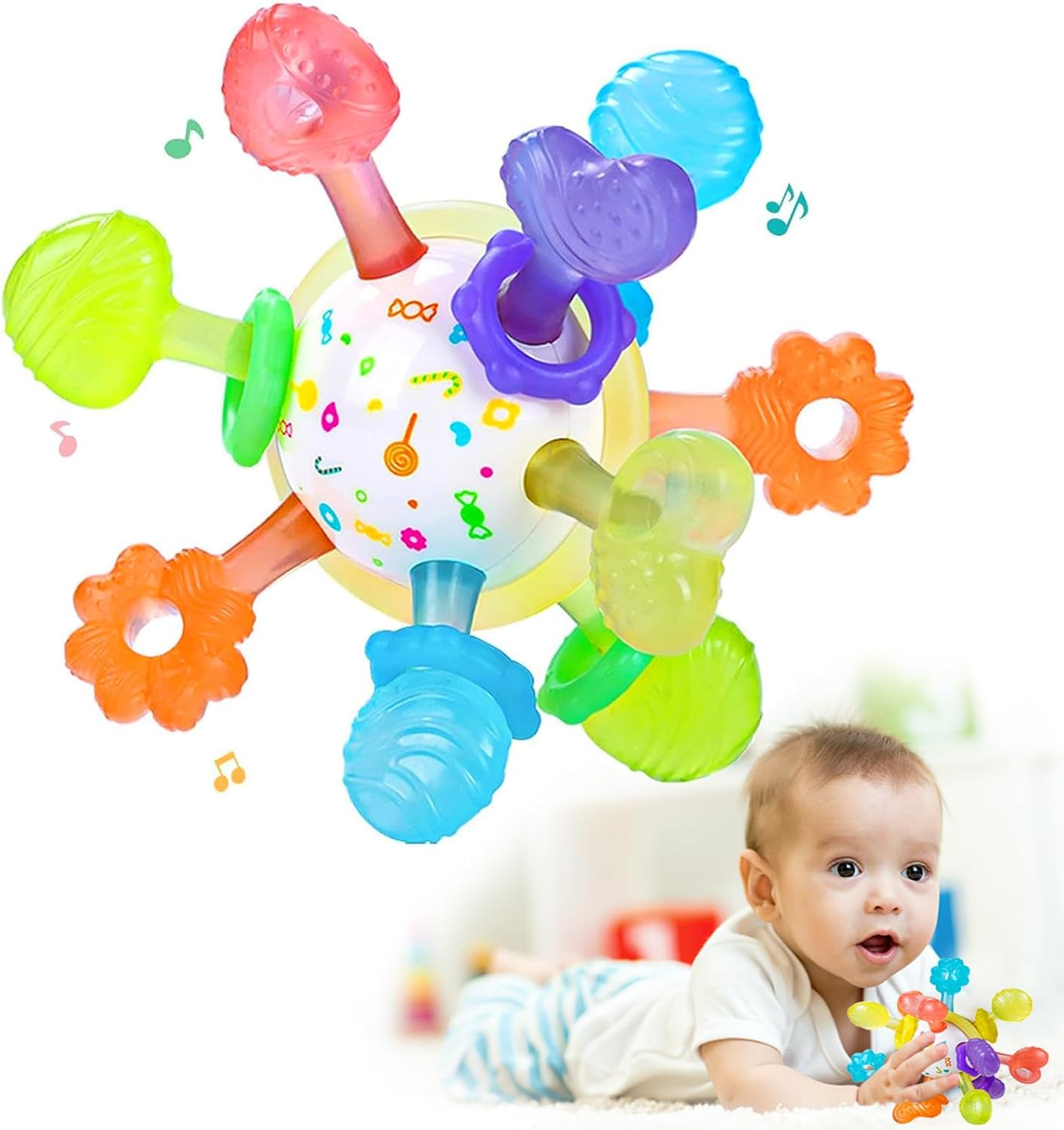 Baby Teething Toys, TOTCOZY Food Grade Silicone Teething Ball Toys with Multiple Textures, Colourful Sensory Development Rattle, BPA Free, 0 Months+ image number 1
