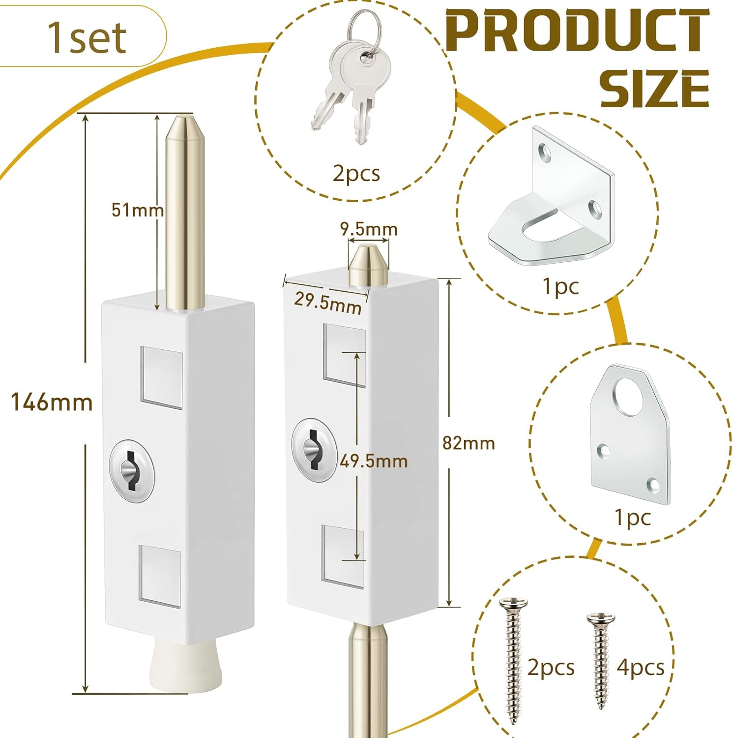 Sliding Door Lock Rectangle Patio Door Lock Keyed for Sliding Glass Door Hinged Door Security Bar Heavy Duty Steel Bolt Zinc Alloy Iron Portable Lock to Prevent Sliding or Lifting of Door (4 Pieces) image number 2