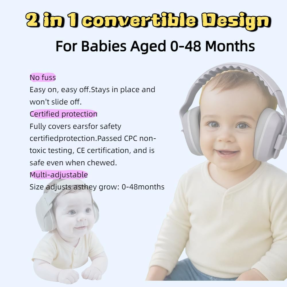 Ear Baby Ear Muffs, 2-In-1Baby Ear Protection 0&ndash;48 Months, 25Db Noise Cancelling Headphones, Lightweight & Safe Fit Ear Muffs for Travel, Sleep, Daily Use,Comfortable Hearing Protection - Grey image number 2