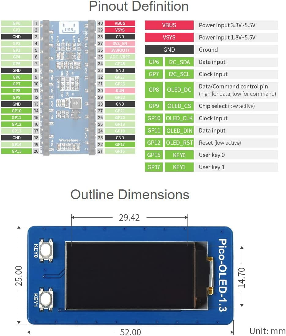 Waveshare 1.3Inch OLED Display Module for Raspberry Pi Pico 64&times;128 Pixels SPI/I2C image number 3