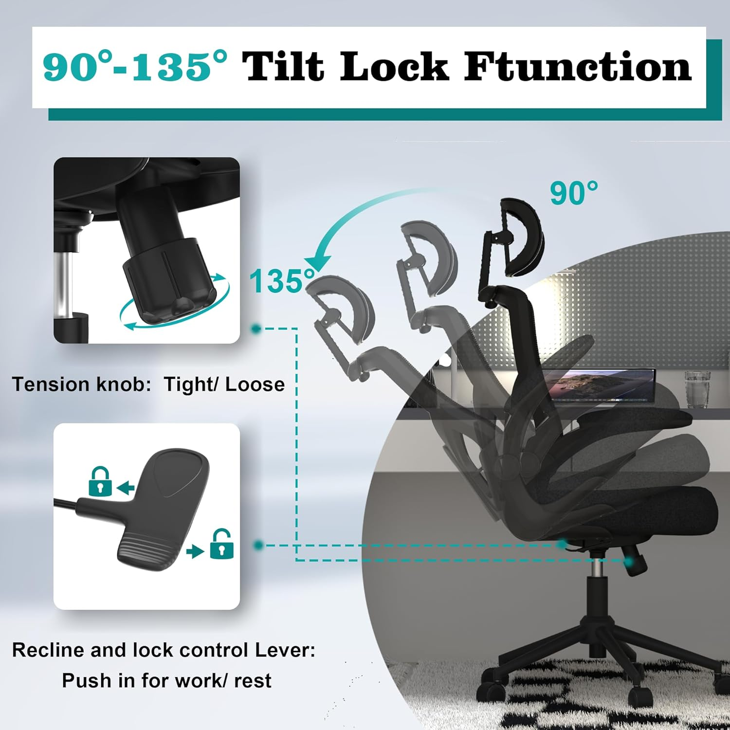 FOKESUN Ergonomic Office Chair, High Back Mesh Desk Chair with Thick Molded Foam Cushion, Coat Hanger, Adjustable Headrest, Lumbar Support, Tilt & Lock Function - Task Chair (All Black) image number 4