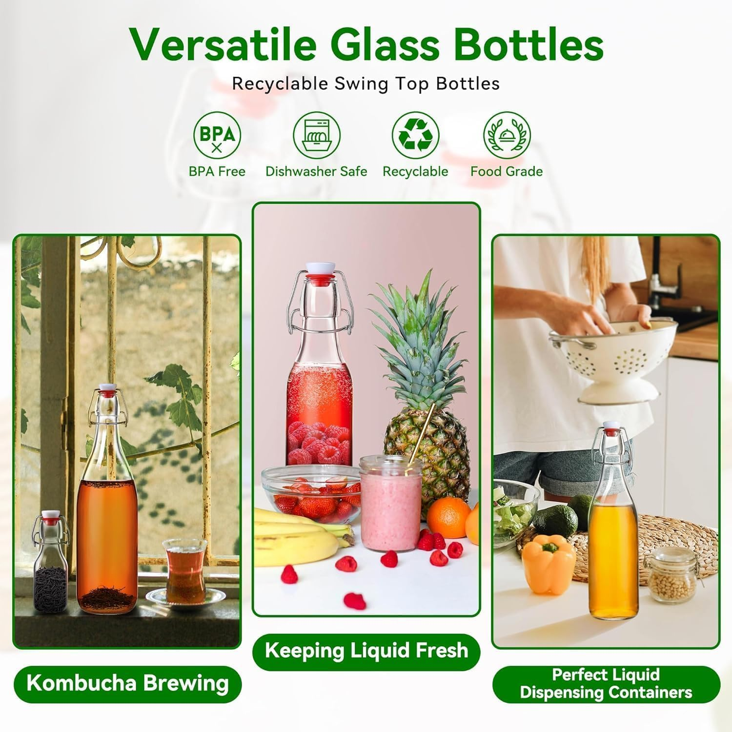 Starwood 32 Oz Clear Glass Bottles with Airtight Silicone Stopper &ndash; Set of 4 Reusable Bottles for Kombucha, Beer, Kefir, Fermentation, Home Brewing, Swing Top Leak-Proof Design image number 6