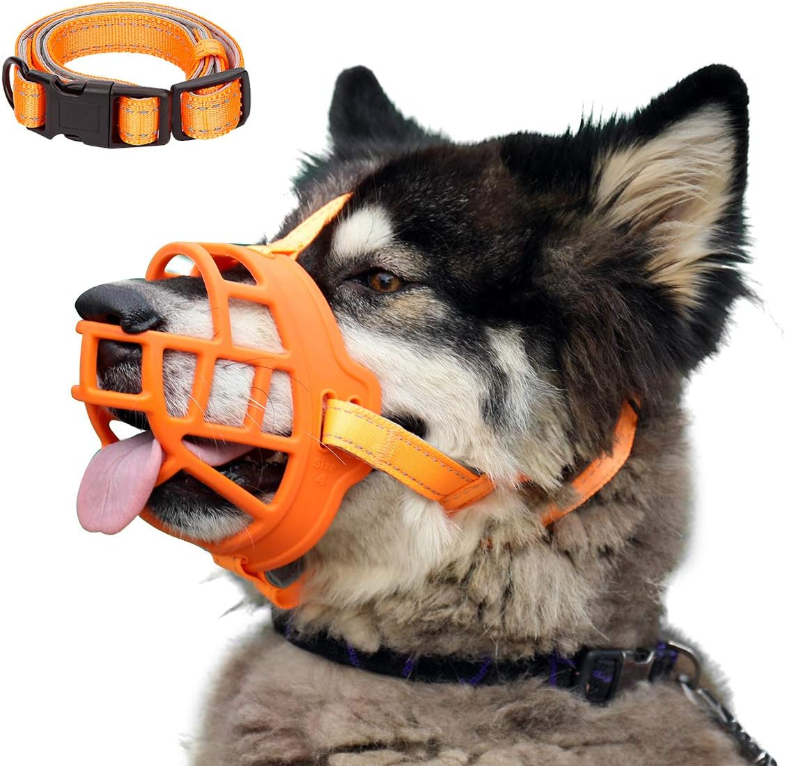 Dog Muzzle, Soft Silicone Basket Muzzle for Dogs, Allows Panting and Drinking, Prevents Unwanted Barking Biting and Chewing, Included Collar and Training Guide (1 (Snout 7-8"), Grey)