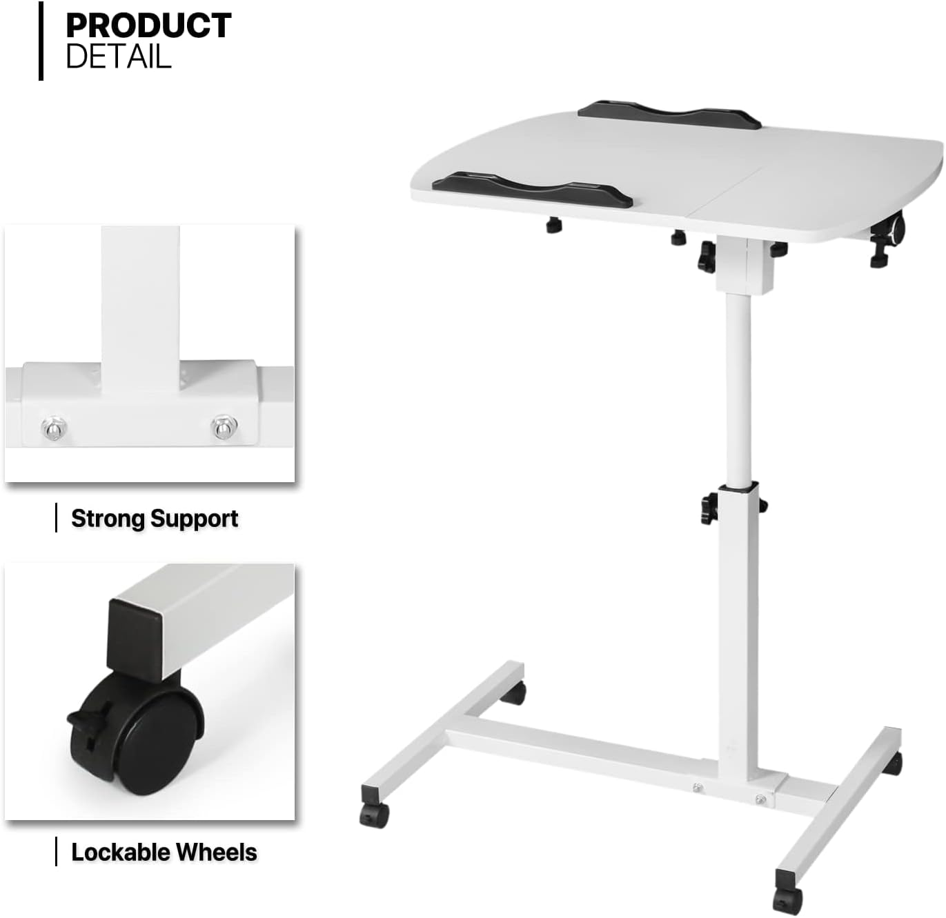 Mobile Overbed Table with Wheels, Lifting and Rotating Laptop Desk, Height Adjustable Mobile Standing Desk, Bedside Table for Home Office, Laptop Computer Desk with Tray for Work Study Reading