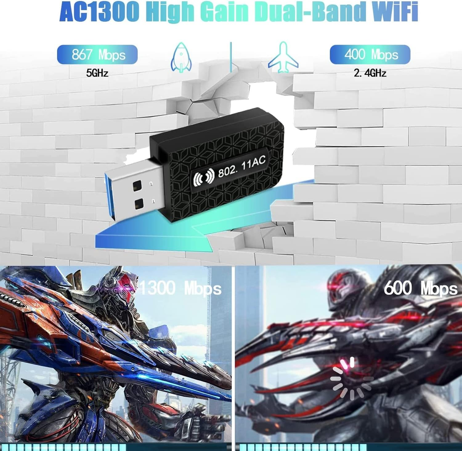 USB 3.0 Wifi Adapter Ac1300Mbps for Pc,Dual Band Network Adapter with 5Ghz/2.4Ghz High Gain Antenna,For Laptop Desktop Windows 11/10/ 8/7 Mac 10.7 to 10.15 (Mini Wifi Adapter) - Mini Wifi Adapter image number 3