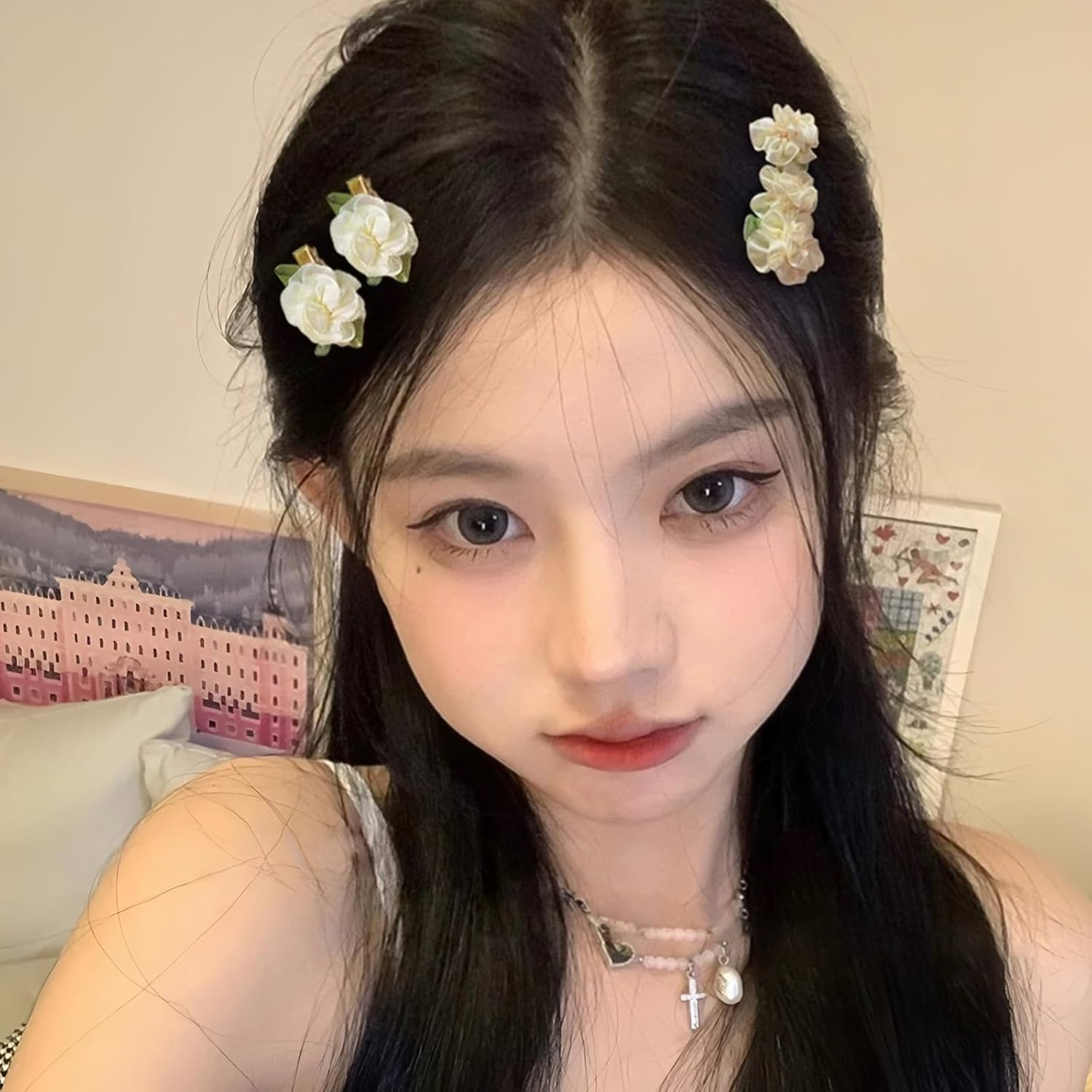 12 Pieces White Mini Rose Hair Clips Jasmine Flower Hair Clips Headdress Vintage Hair Pins for Party Wedding Daily Wear image number 4